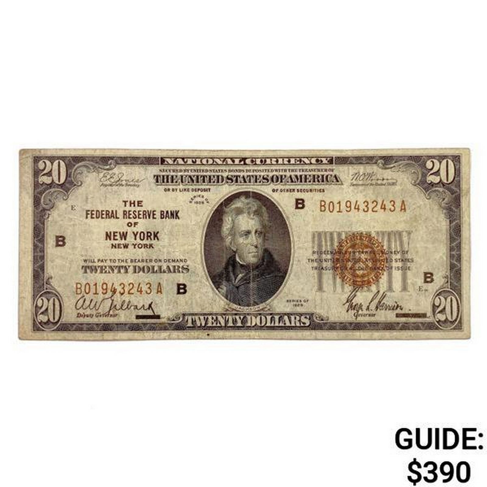 1929 $20 US Bank of New York Fed Res Note (1 of 2)
