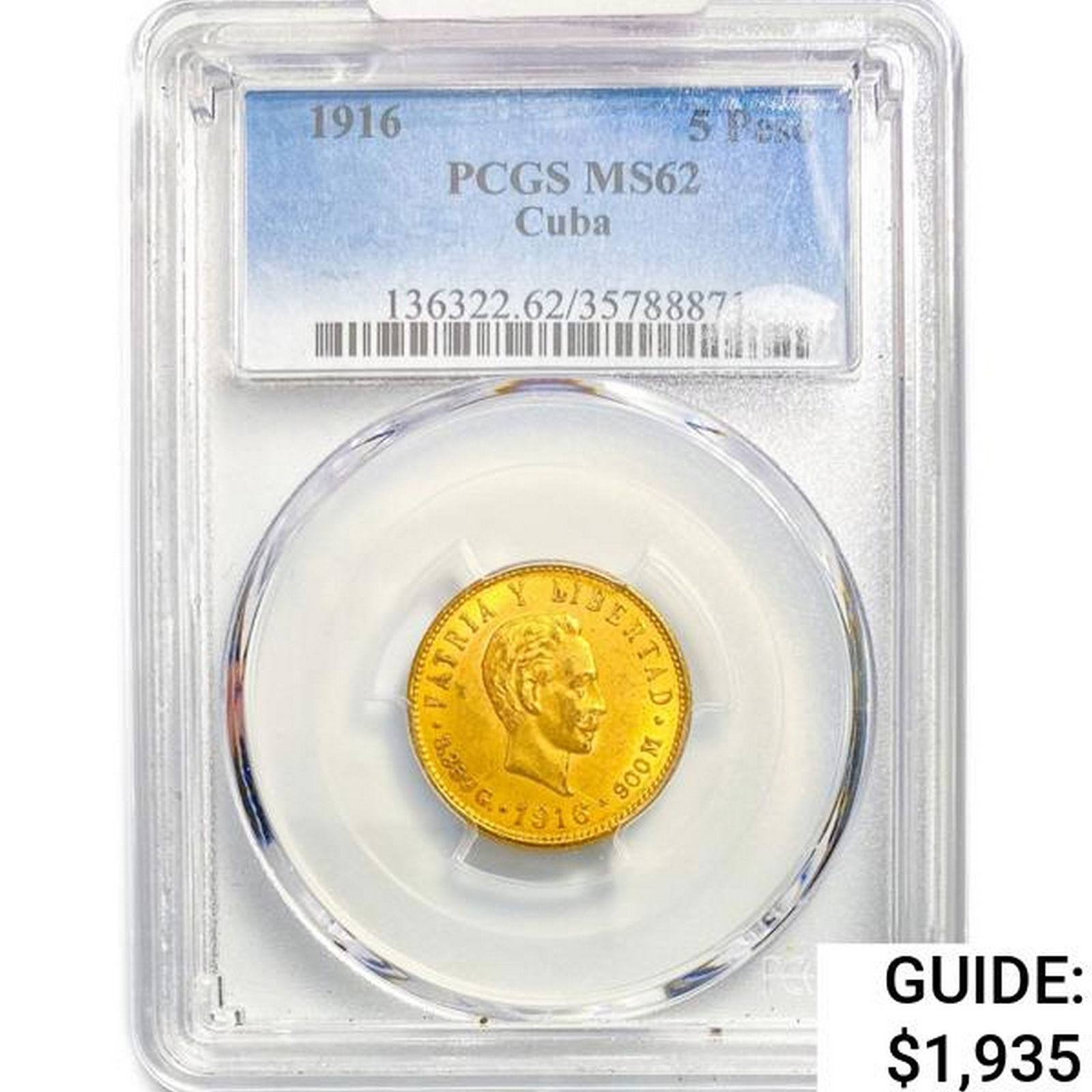 1916 5 Pesos .24oz Cuba Gold PCGS MS62 (1 of 2)