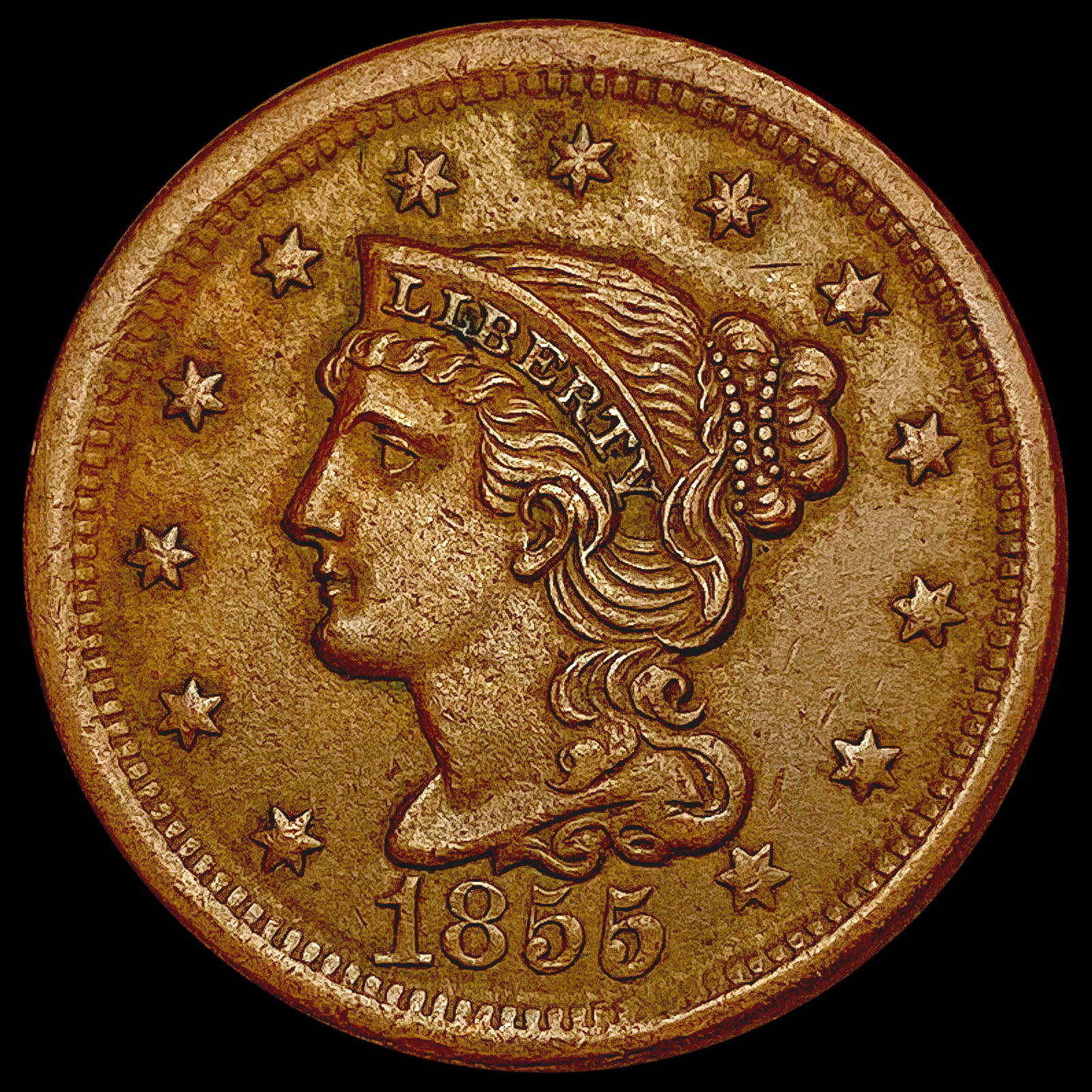 1855 Upright 55 Braided Hair Large Cent CHOICE AU (1 of 2)