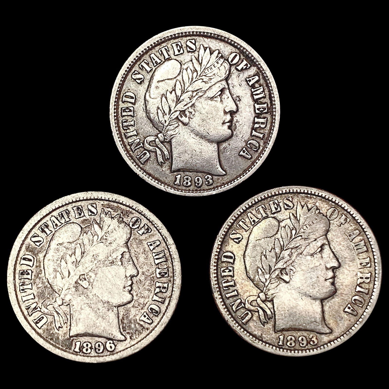 1893, 1893-O, 1896 (3) Barber Dimes LIGHTLY CIRCUL (1 of 2)