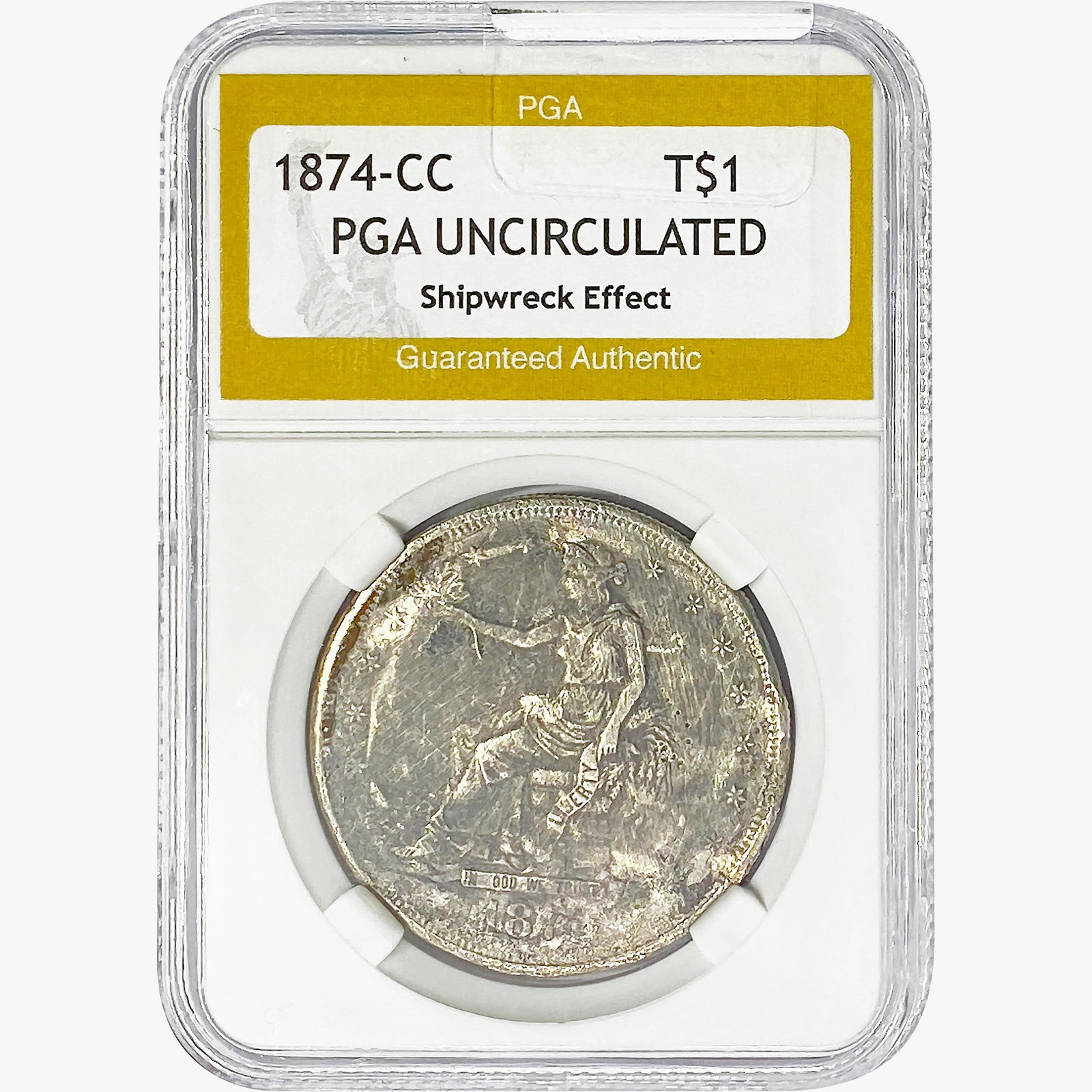 1874-CC Silver Trade Dollar PGA UNC  Shipwreck Eff (1 of 2)