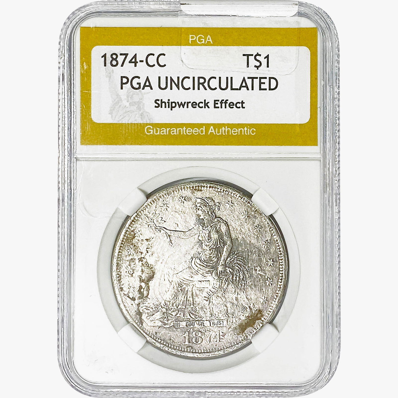 1874-CC Silver Trade Dollar PGA UNC  Shipwreck Eff (1 of 2)