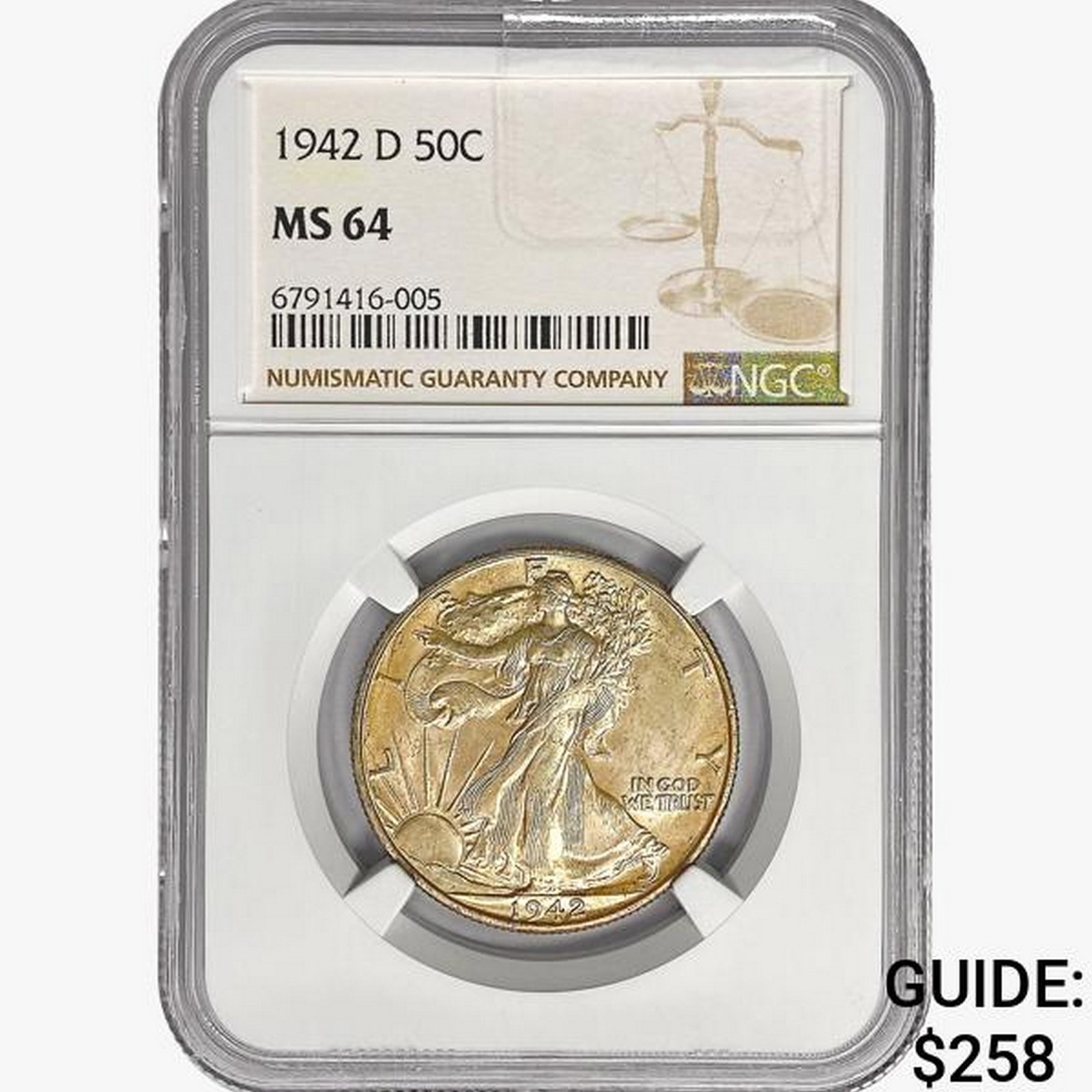 1942-D Walking Liberty Half Dollar NGC MS64: 1942-D Walking Liberty Half Dollar NGC MS64