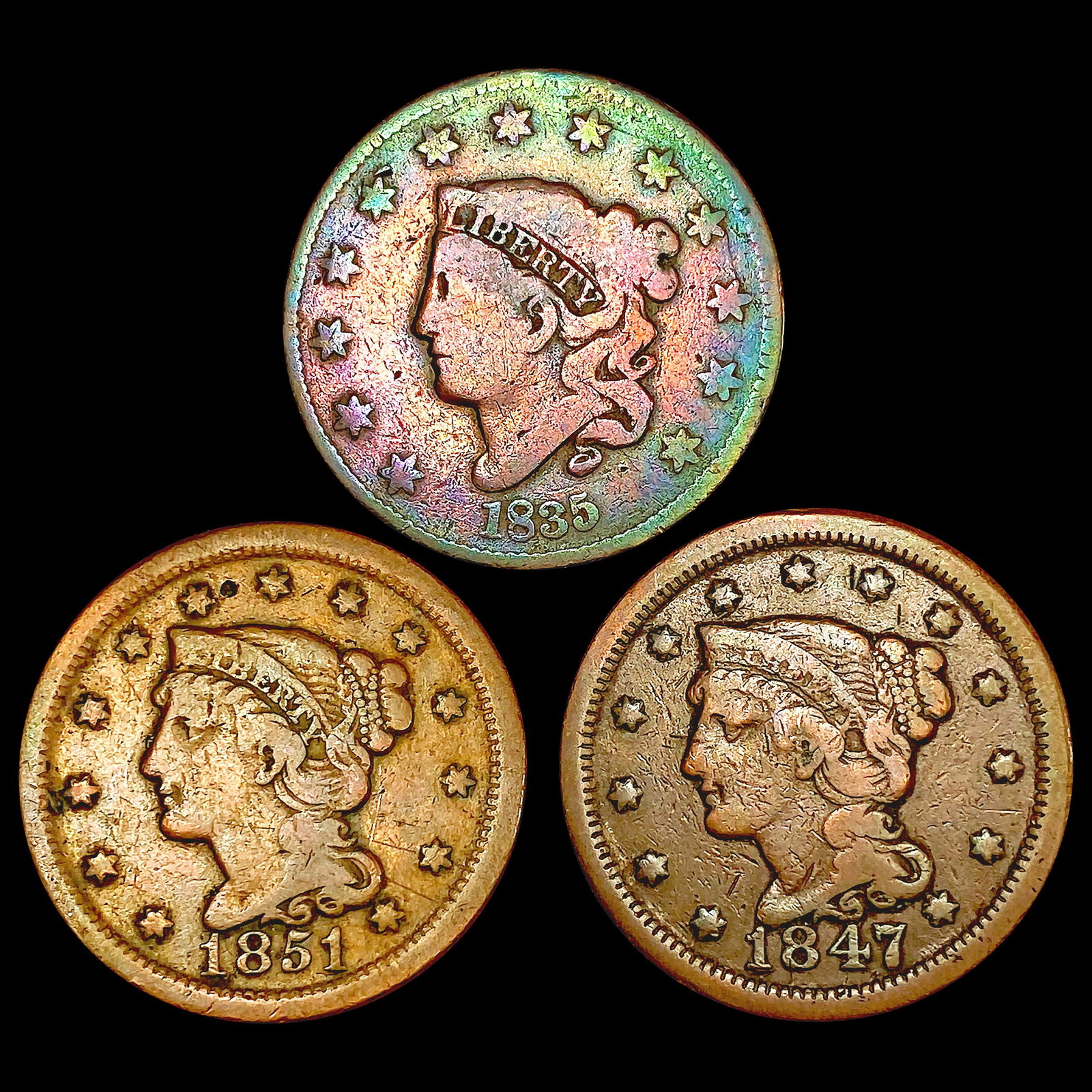 [3] Large Cents [1835, 1847, 1851] NICELY CIRCULATED (1 of 2)