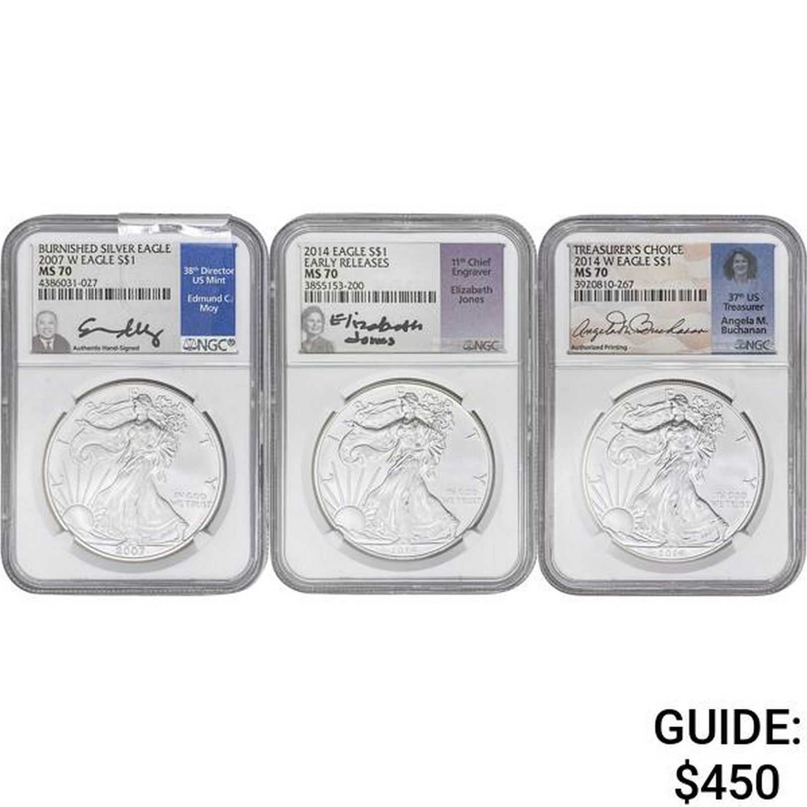 [3] 2007&2014 Silver Eagle NGC MS70 Signed (1 of 2)