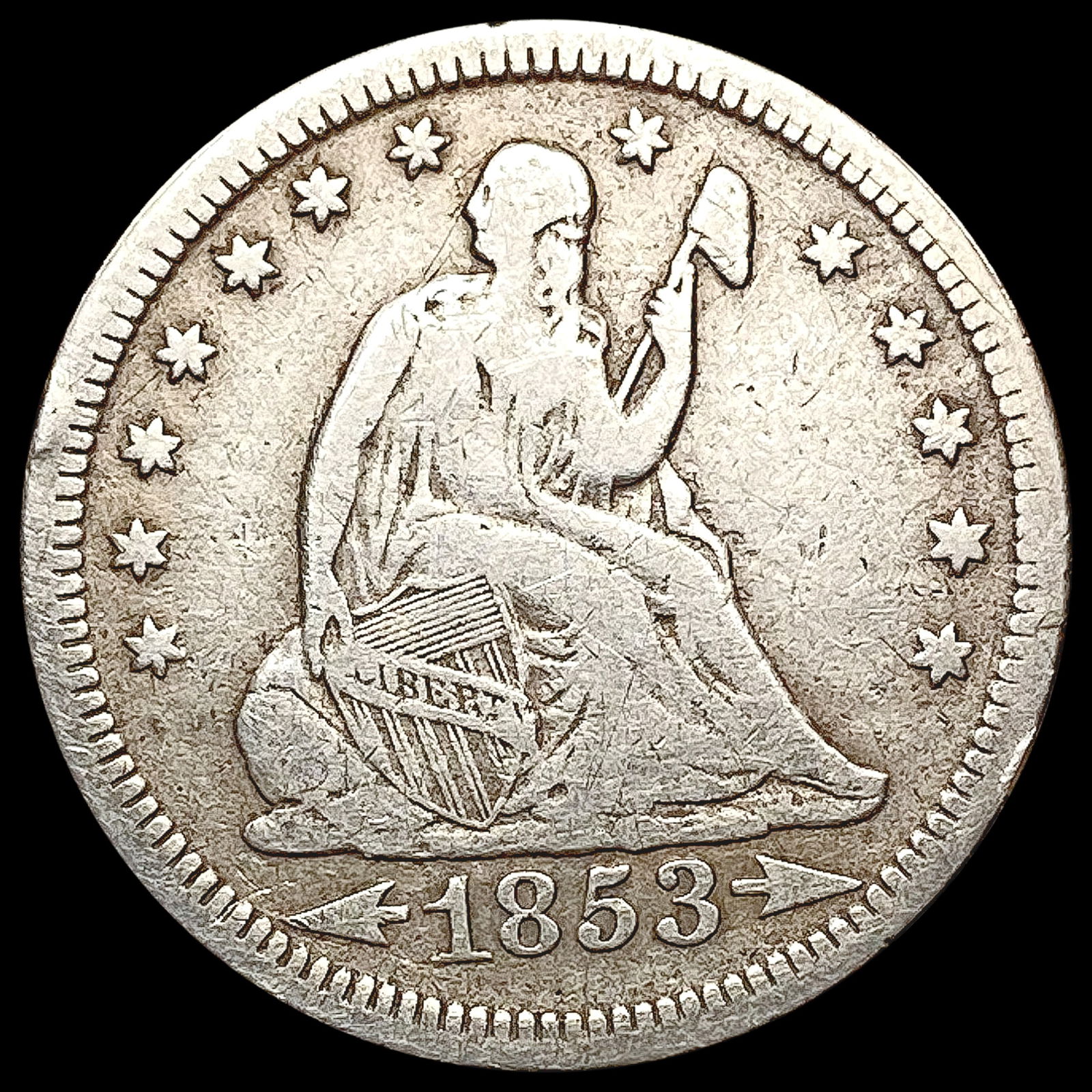 1853 Arrows, Rays Seated Liberty Quarter NICELY CIRCULATED (1 of 2)