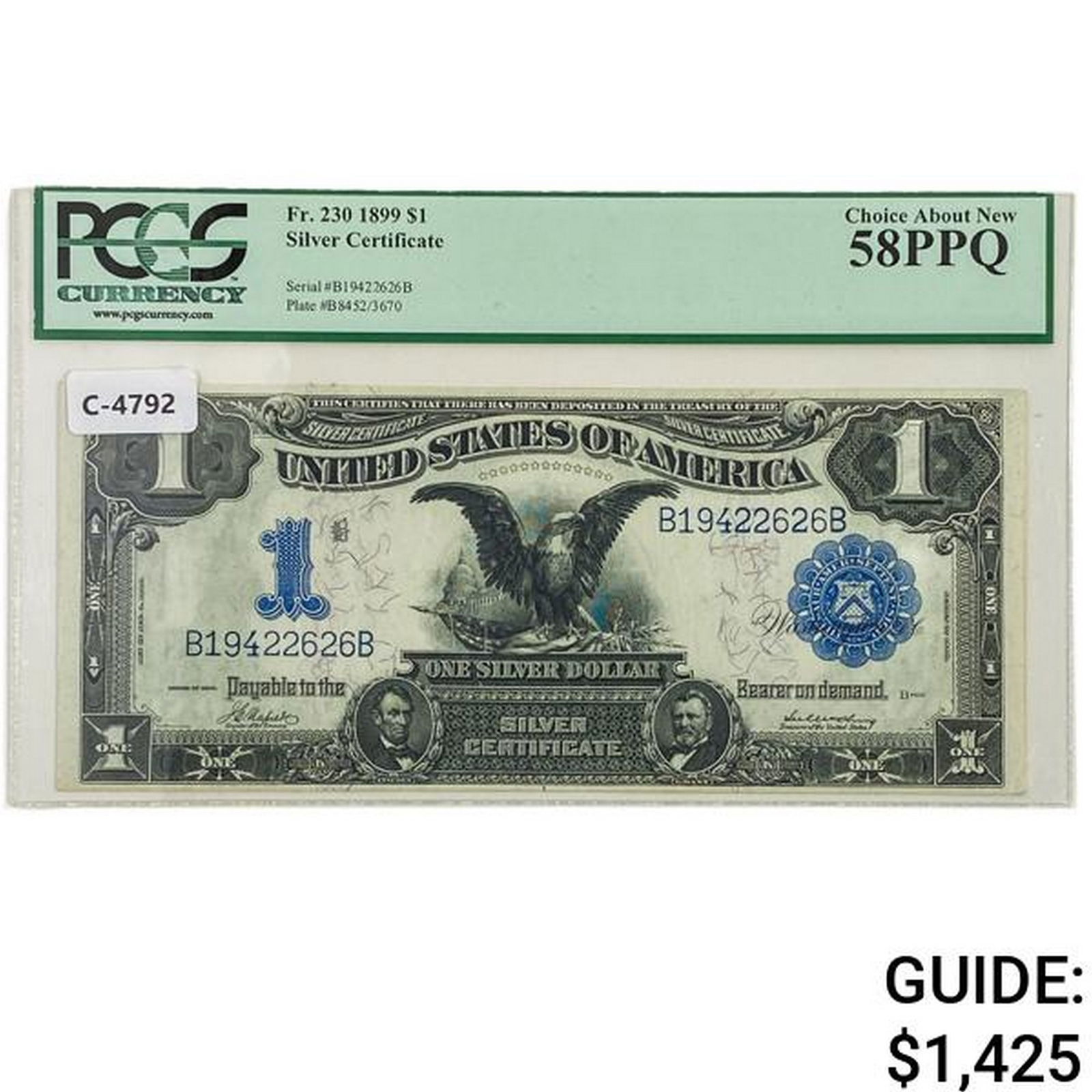 FR. 230 1899 $1 ONE DOLLAR BLACK EAGLE SILVER CERTIFICATE PCGS ABOUT UNCIRCULATED-58PPQ (1 of 2)