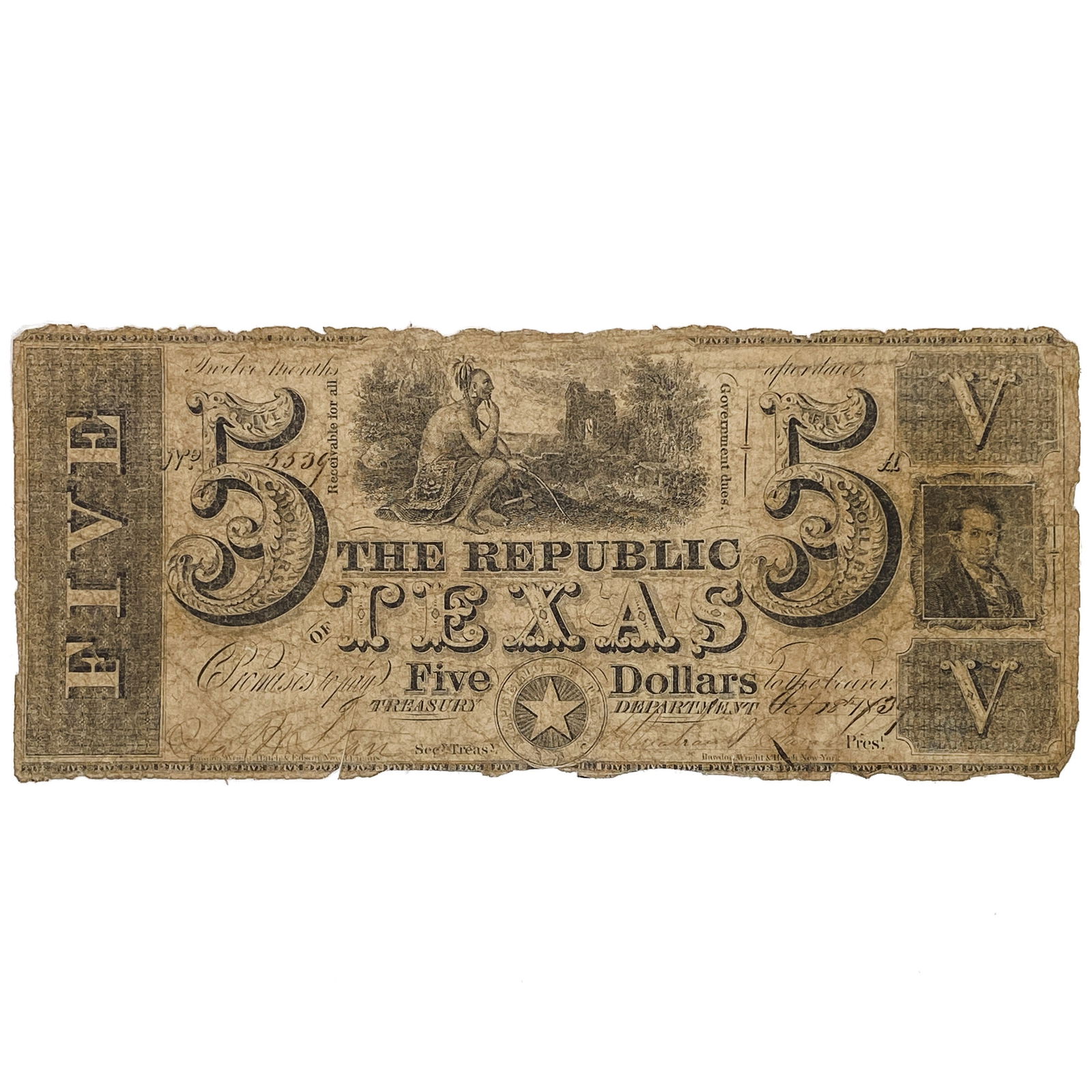 1839 $5 FIVE DOLLARS THE REPUBLIC OF TEXAS AUSTIN, TX OBSOLETE TREASURY NOTE (1 of 2)