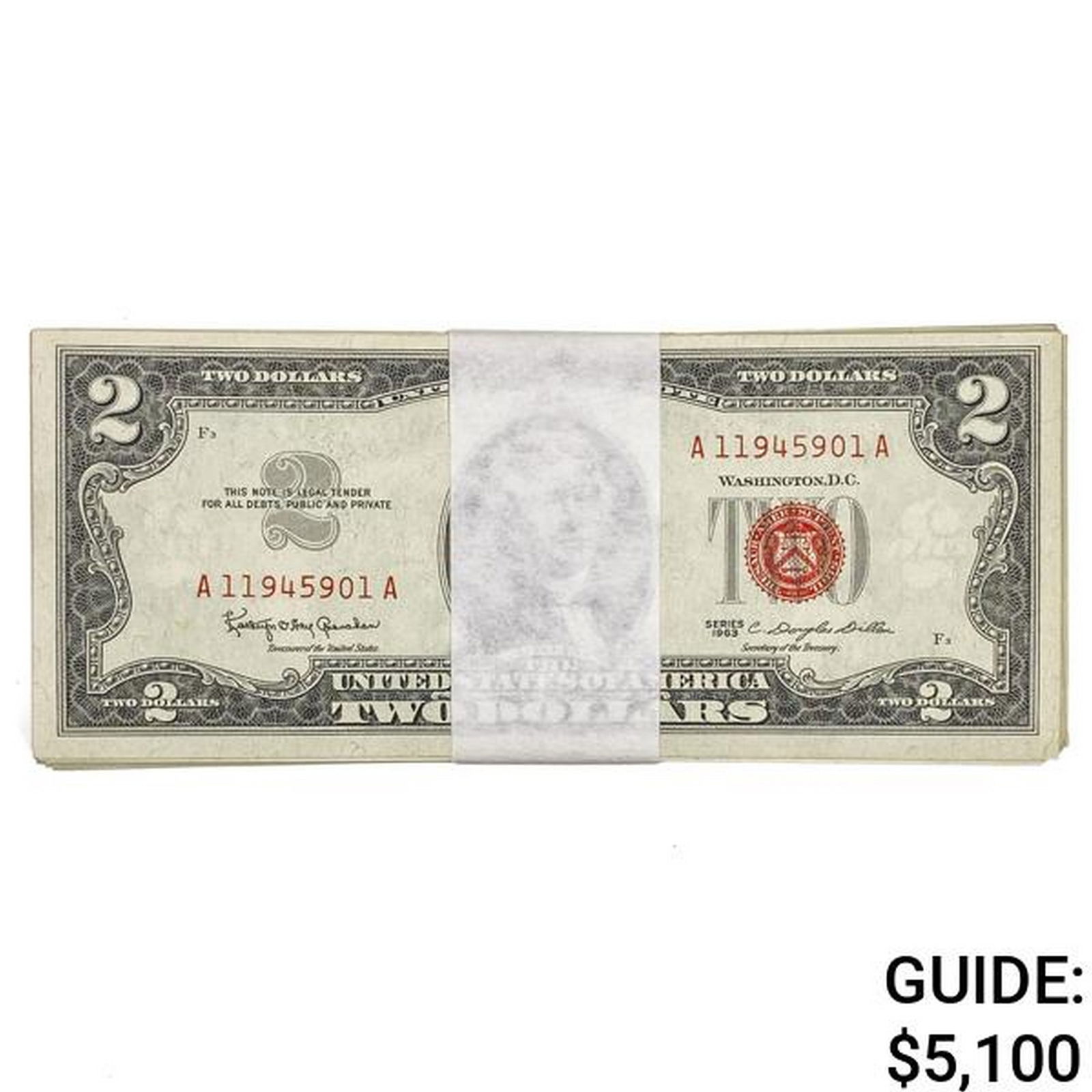 PACK OF (100) 1963 $2 TWO DOLLARS LEGAL TENDER UNITED STATES NOTES GEM UNCIRCULATED (1 of 2)
