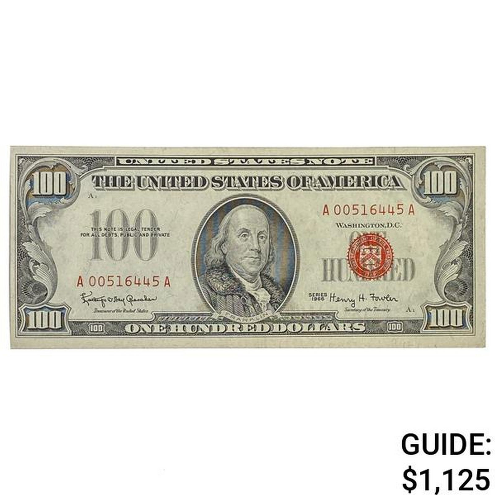 FR. 1550 1966 $100 ONE HUNDRED DOLLARS LEGAL TENDER UNITED STATES NOTE UNCIRCULATED (1 of 2)