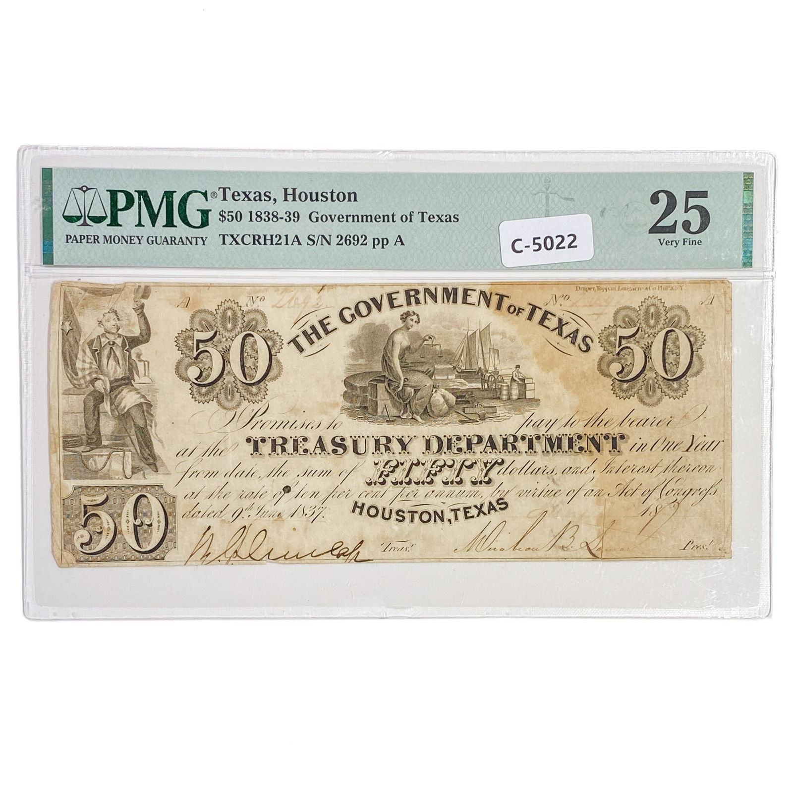 1838-39 $50 GOVERNMENT OF TEXAS HOUSTON, TX TREASURY NOTE OBSOLETE CURRENCY PMG VERY FINE-25 (1 of 2)