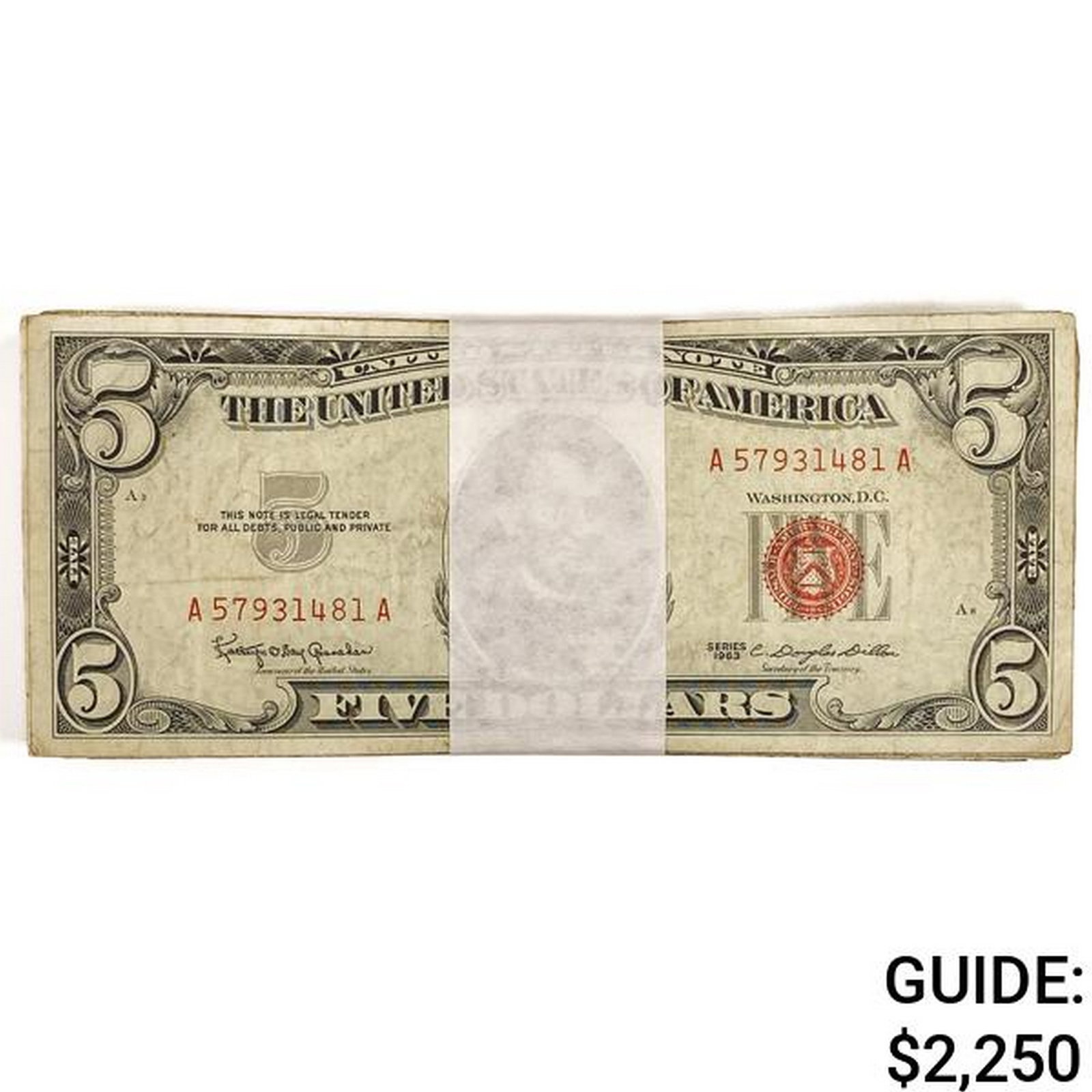 LOT OF (100) 1963 $5 FIVE DOLLARS LEGAL TENDER UNITED STATES NOTES VERY GOOD - VERY FINE: LOT OF (100) 1963 $5 FIVE DOLLARS LEGAL TENDER UNITED STATES NOTES VERY GOOD - VERY FINE