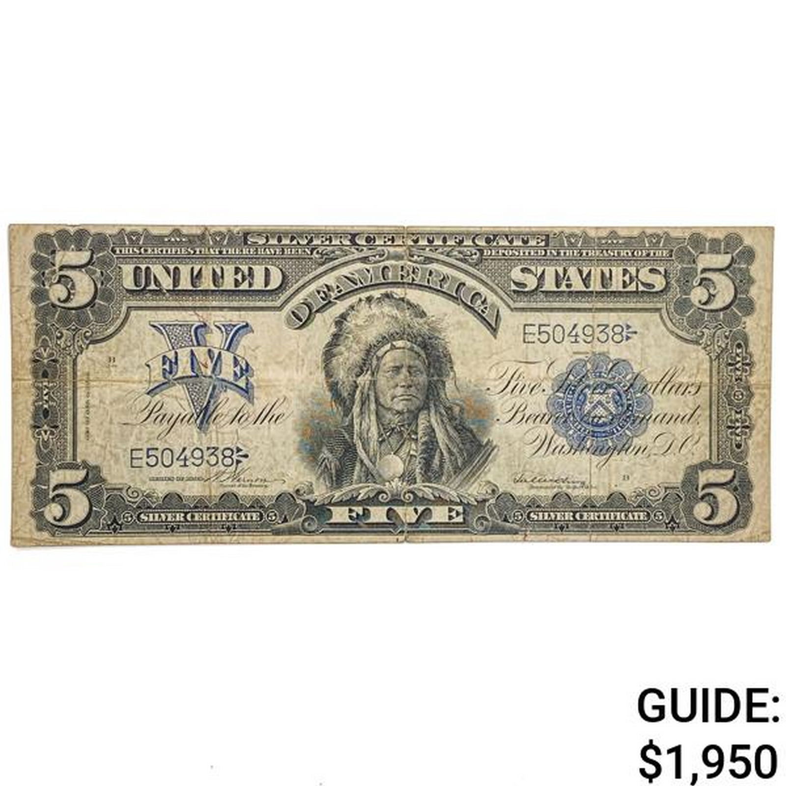 FR. 274 1899 $5 FIVE DOLLARS CHIEF SILVER CERTIFICATE CURRENCY NOTE VERY FINE (1 of 2)