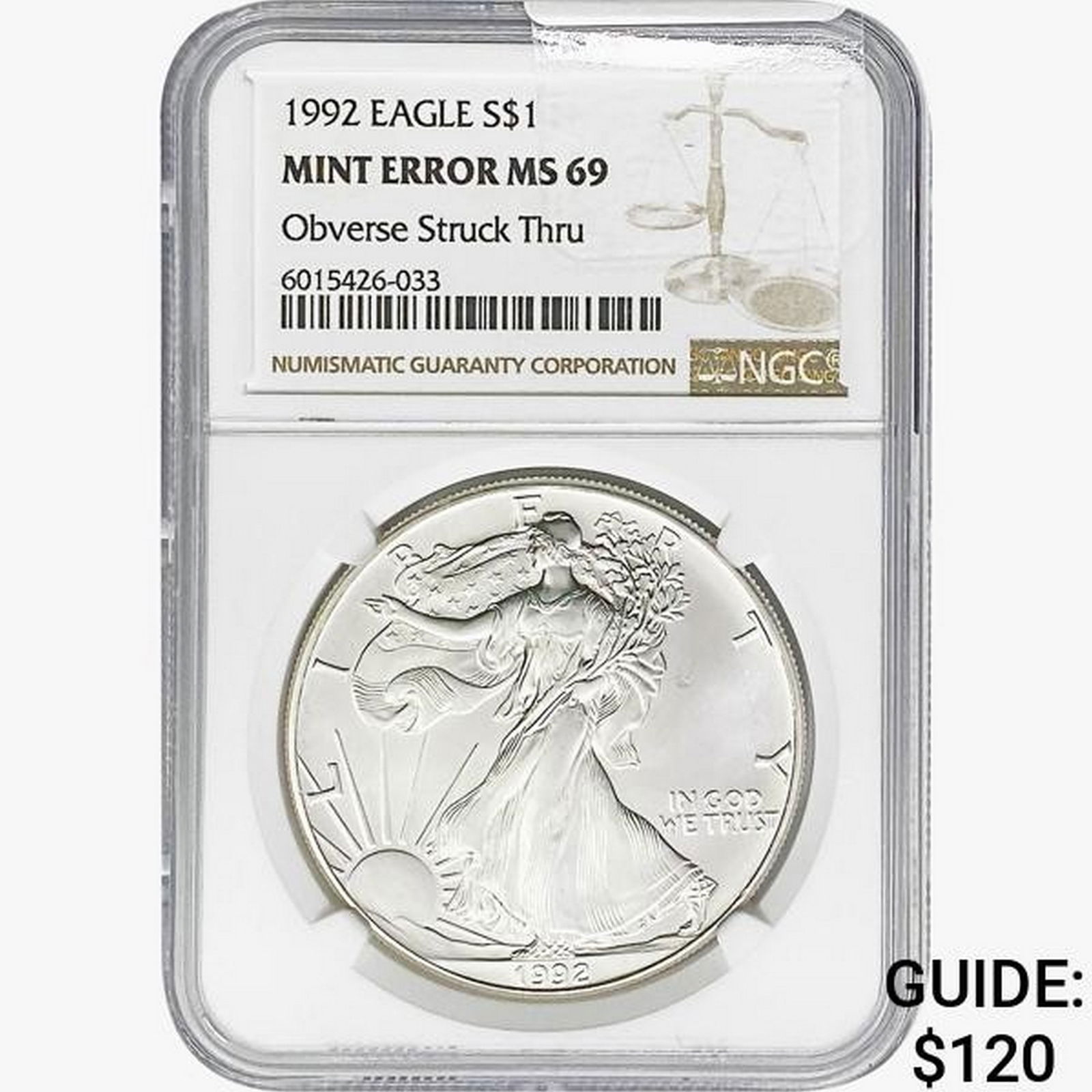 1992 Silver Eagle NGC MS69 OBV Struck Thru Mint Er (1 of 2)