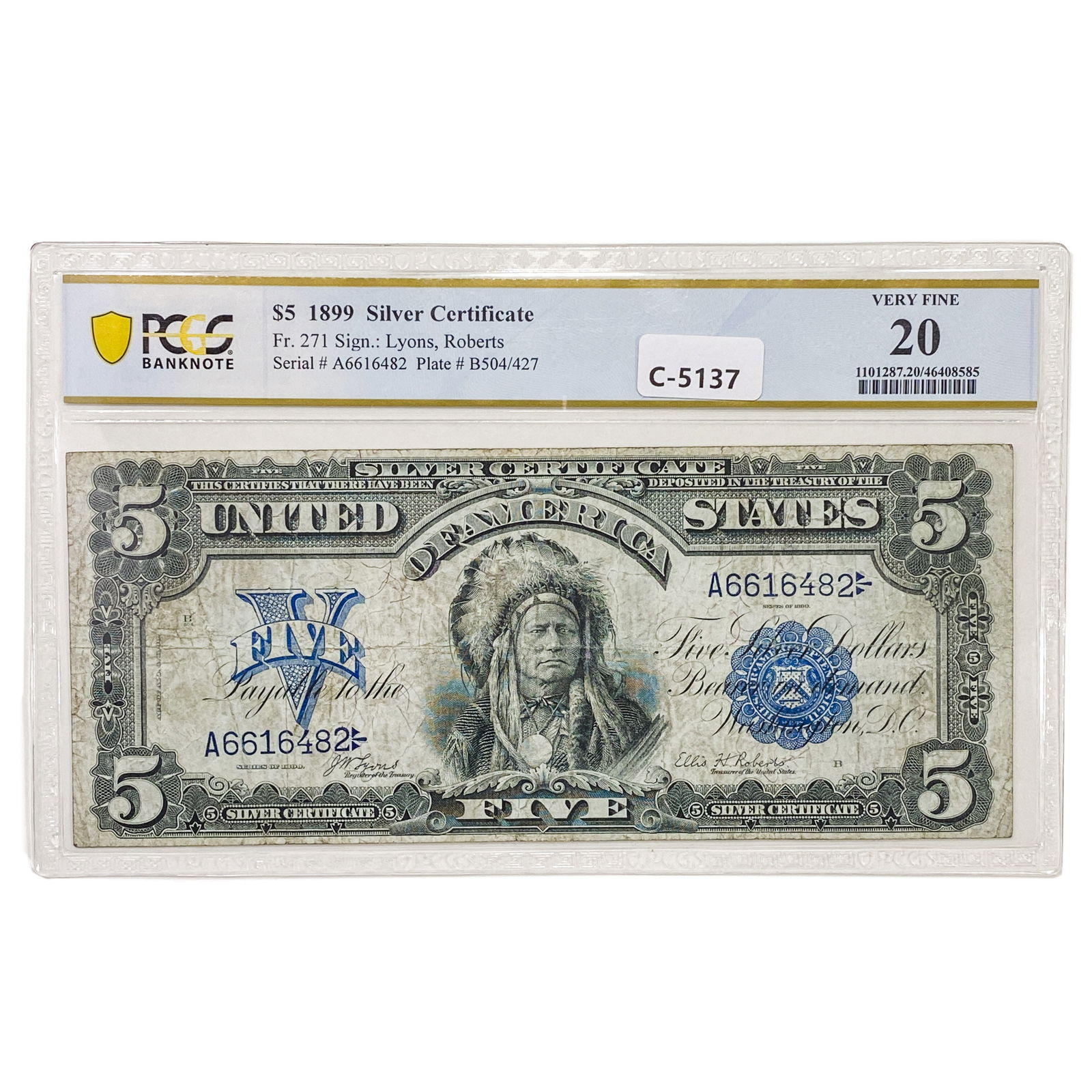 FR. 271 1899 $5 FIVE DOLLARS CHIEF SILVER CERTIFICATE CURRENCY NOTE PCGS BANKNOTE VERY FINE-20: FR. 271 1899 $5 FIVE DOLLARS CHIEF SILVER CERTIFICATE CURRENCY NOTE PCGS BANKNOTE VERY FINE-20