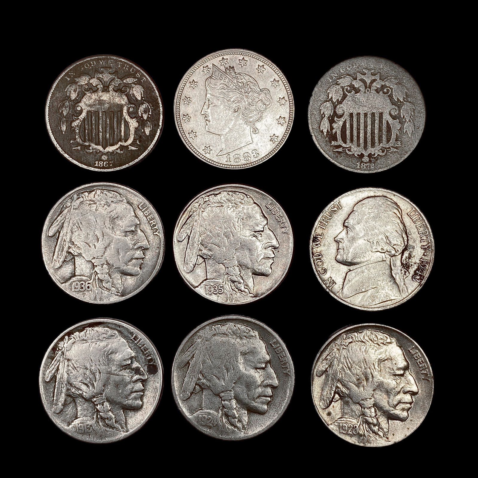 [9] Varied US SILV Nickels (1867, 1872, 1883, 1913-D, 1924-D, 1928, 1935, 1936, 1948) HIGH GRADE (1 of 2)