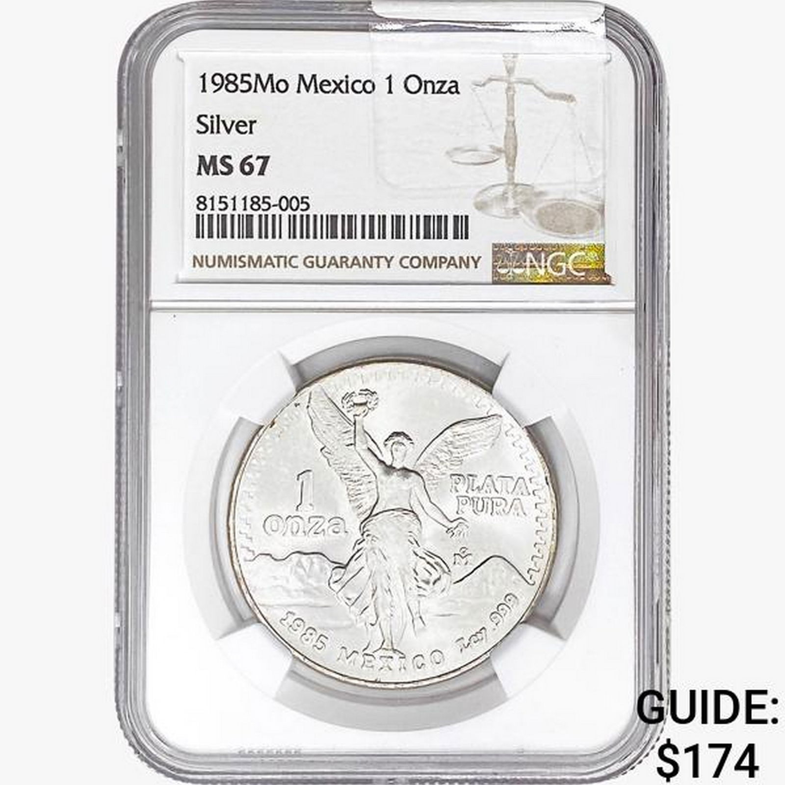 1985Mo 1oz. Silver Mexicanos Onza NGC MS67 (1 of 2)