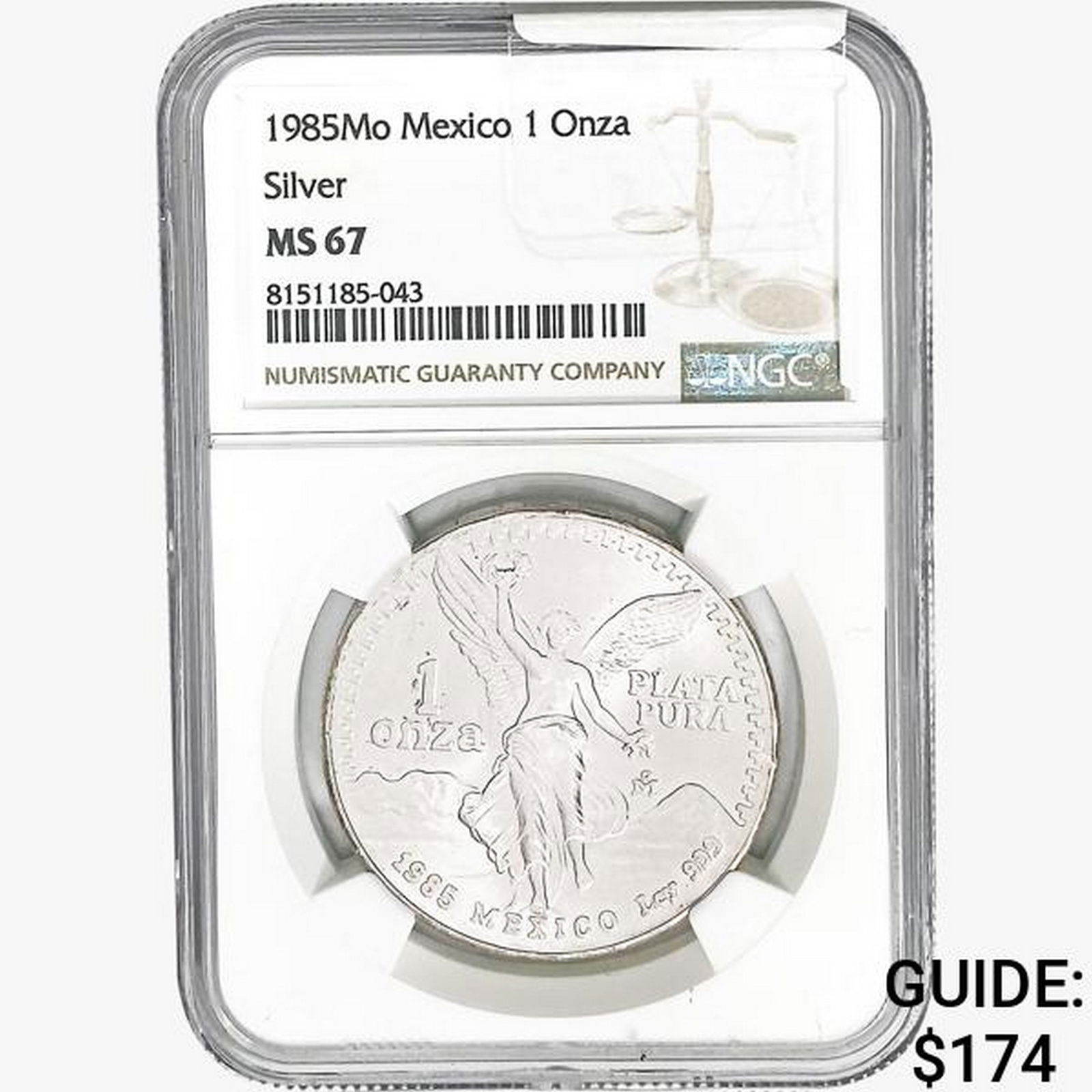 1985Mo 1oz. Silver Mexicanos Onza NGC MS67 (1 of 2)