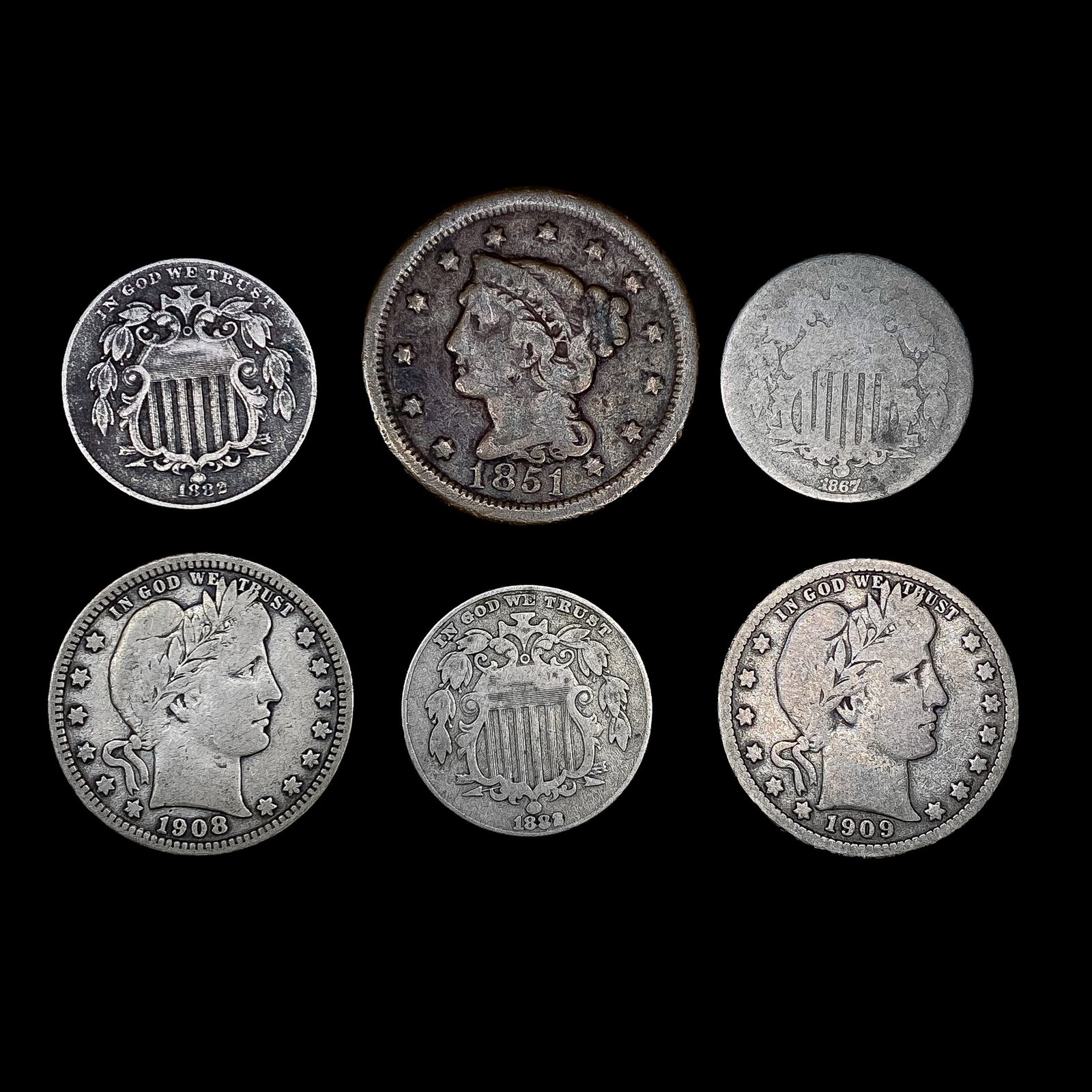 [6] Varied US Coinage (1851, 1867, (2) 1882, 1908-D, 1909-D) NICELY CIRCULATED (1 of 2)