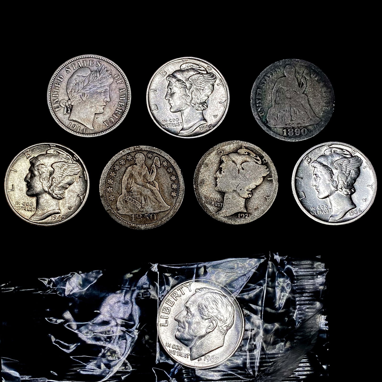[8] Varied US Dimes (1850, 1890, 1914, 1921, 1936-D, 1942, 1942-D, 1963) HIGH GRADE (1 of 2)