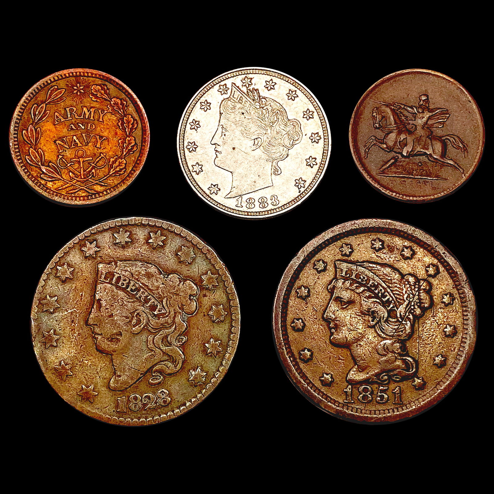 [5] 1828-1864 (5) Piece Type Coin and Token Lot HIGH GRADE (1 of 2)