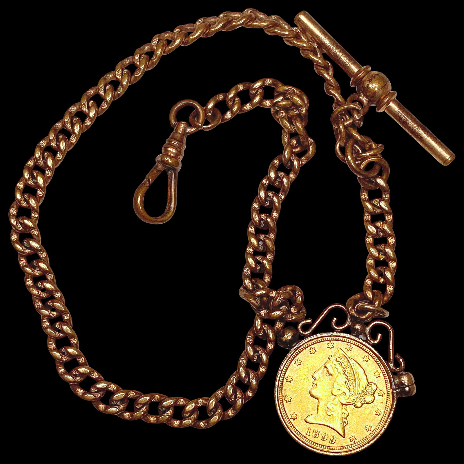 1899-S $5 Liberty Gold in Bezel on Watch Chain HIGH GRADE: 1899-S $5 Liberty Gold in Bezel on Watch Chain HIGH GRADE