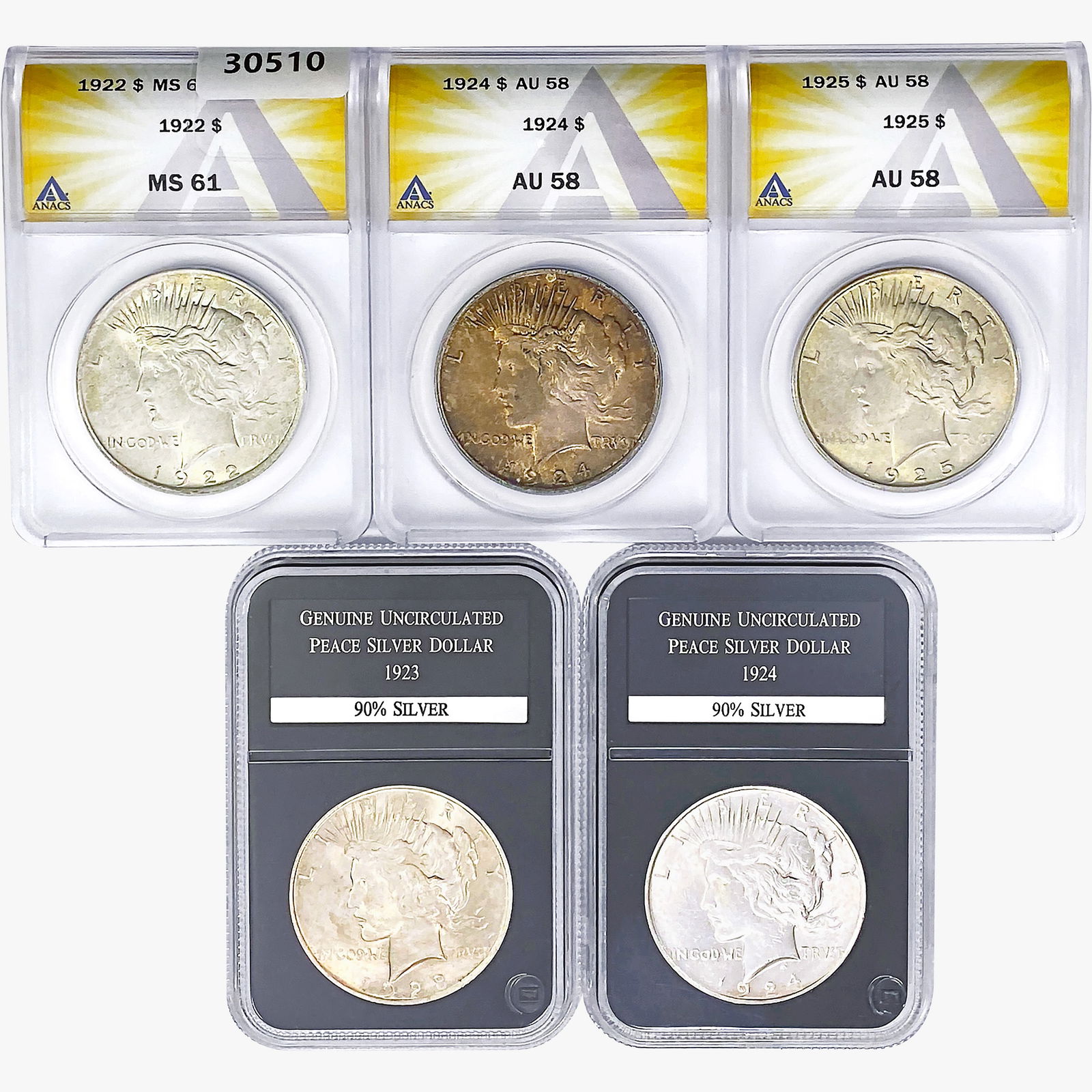 [5] 1922-1925 Silver Peace Dollar GG/ANACS MS/AU/UNC61/58 (1 of 2)