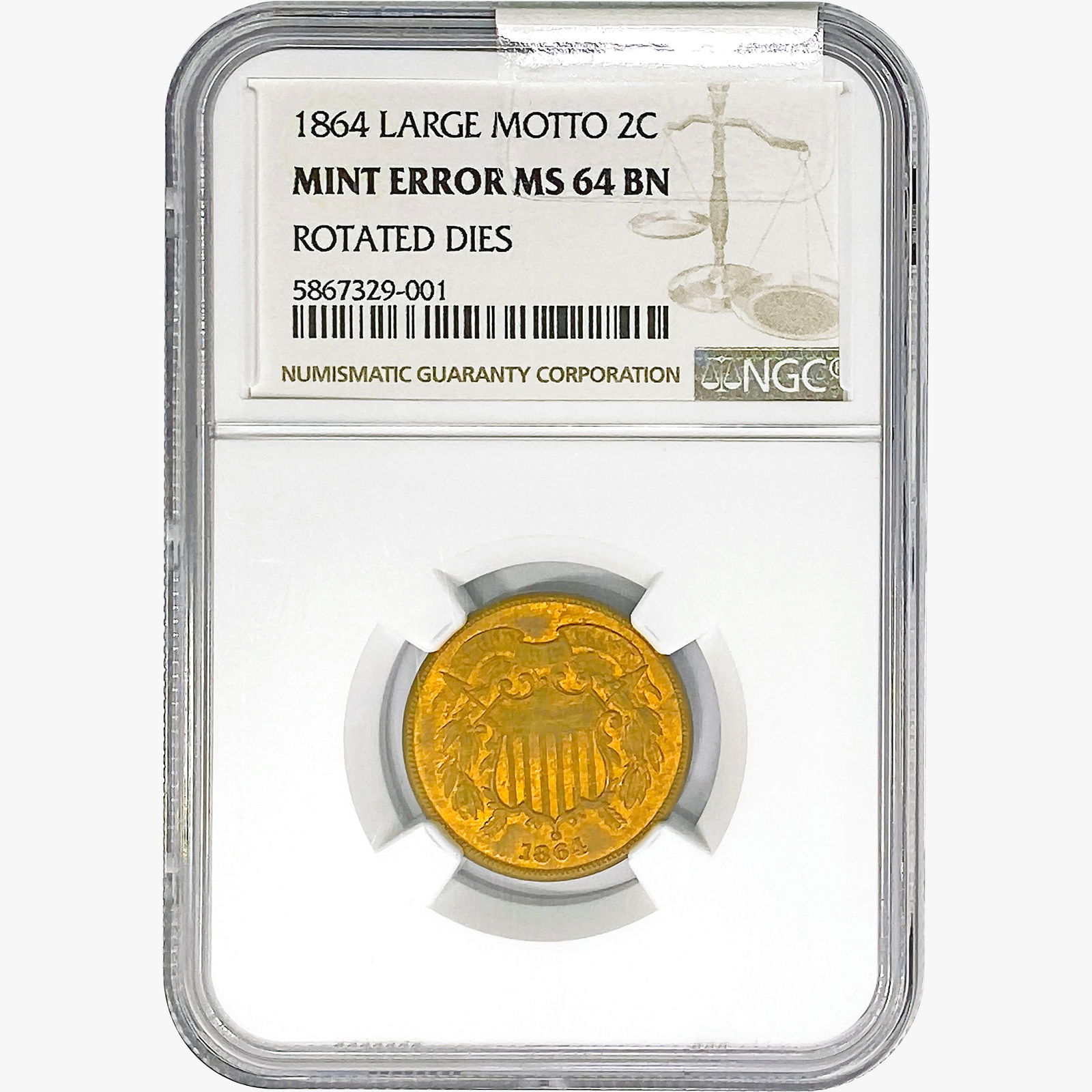 1864 Two Cent Piece NGC MS64 Lg Motto/Mint Err/Rot Dies (1 of 2)
