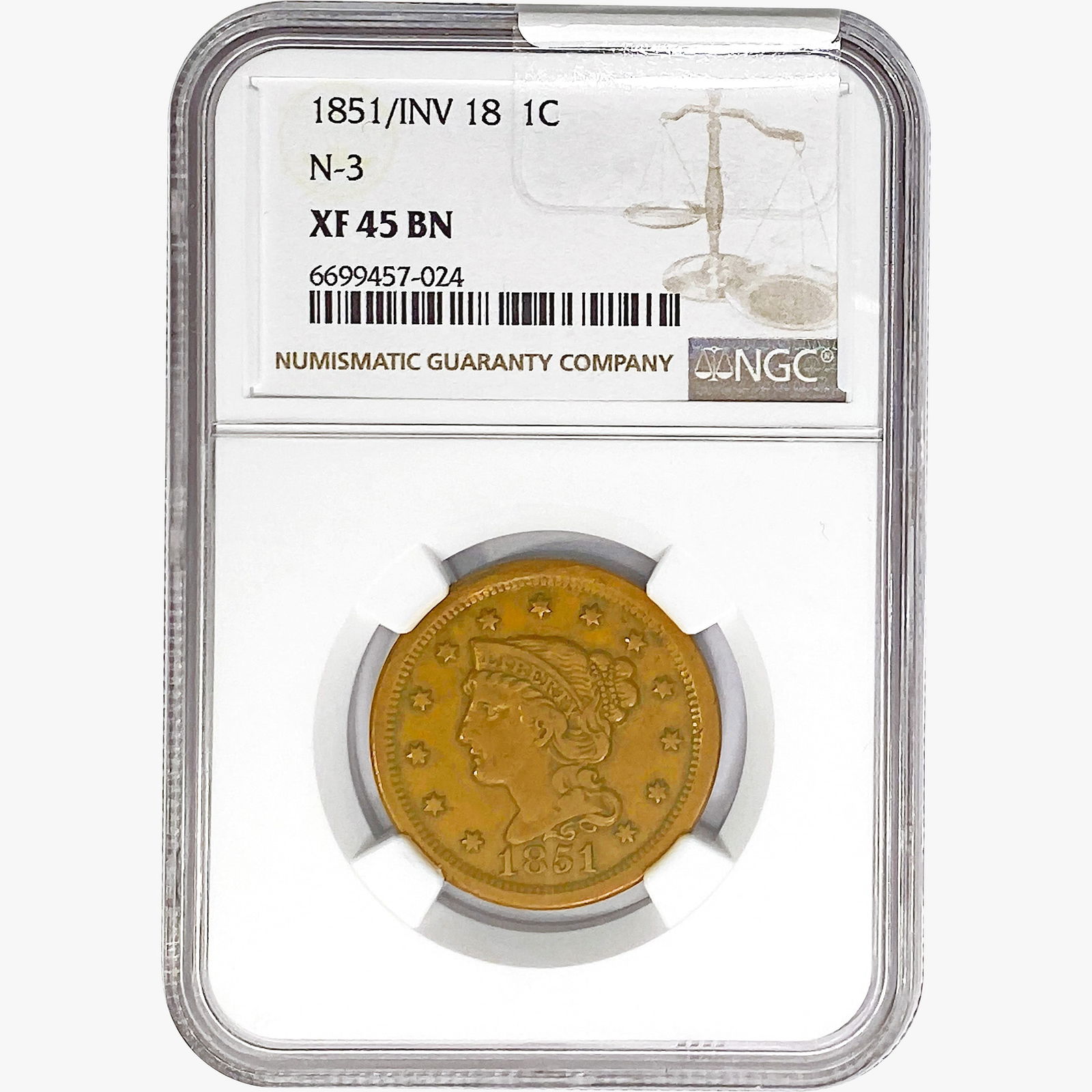 1851/INV 18 Braided Hair Large Cent NGC XF45 BN N-3 (1 of 2)