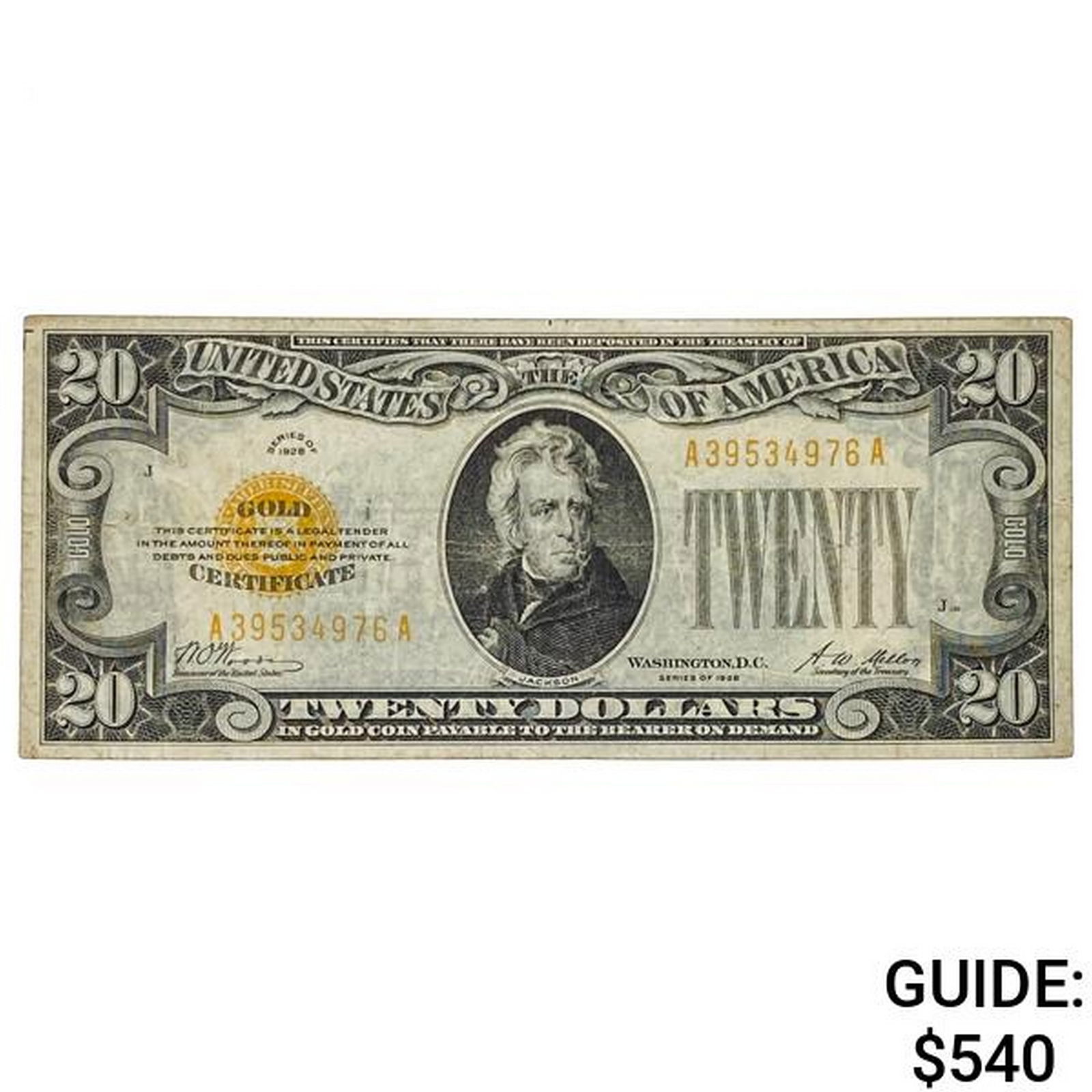 FR. 2402 1928 $20 TWENTY DOLLARS GOLD CERTIFICATE CURRENCY NOTE VERY FINE+ (1 of 2)