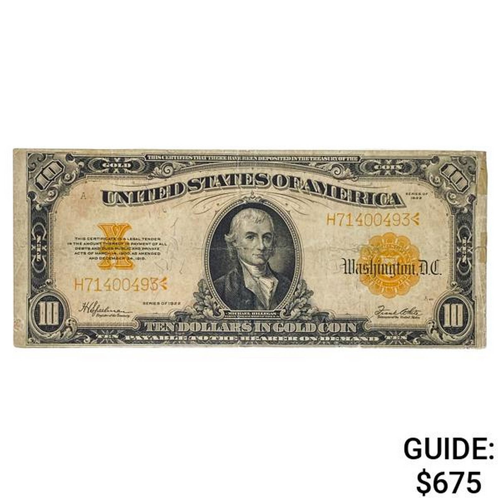 FR. 1173 1922 $10 TEN DOLLARS GOLD CERTIFICATE CURRENCY NOTE VERY FINE (1 of 2)