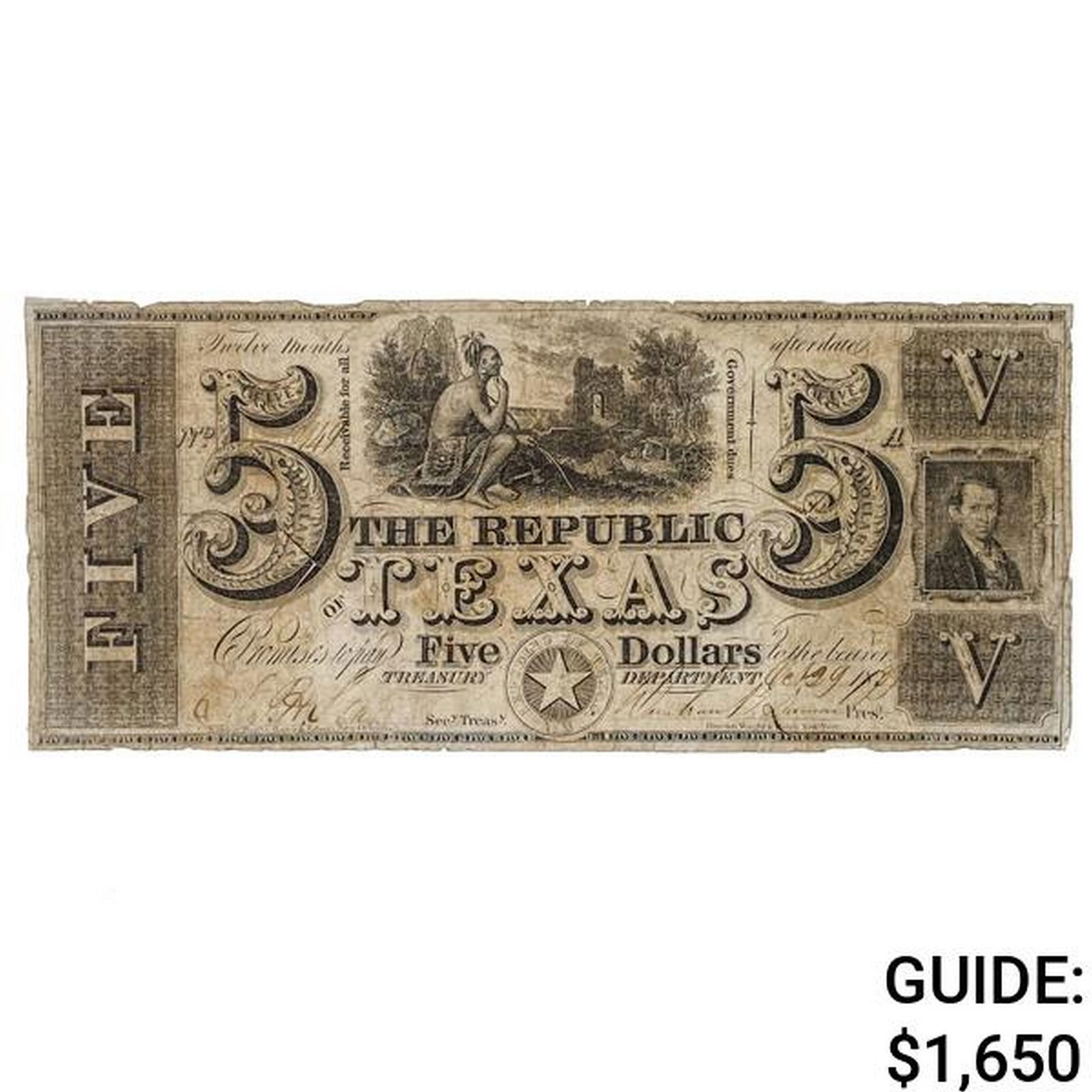 1839 $5 FIVE DOLLARS THE REPUBLIC OF TEXAS AUSTIN, TX OBSOLETE TREASURY NOTE (1 of 2)