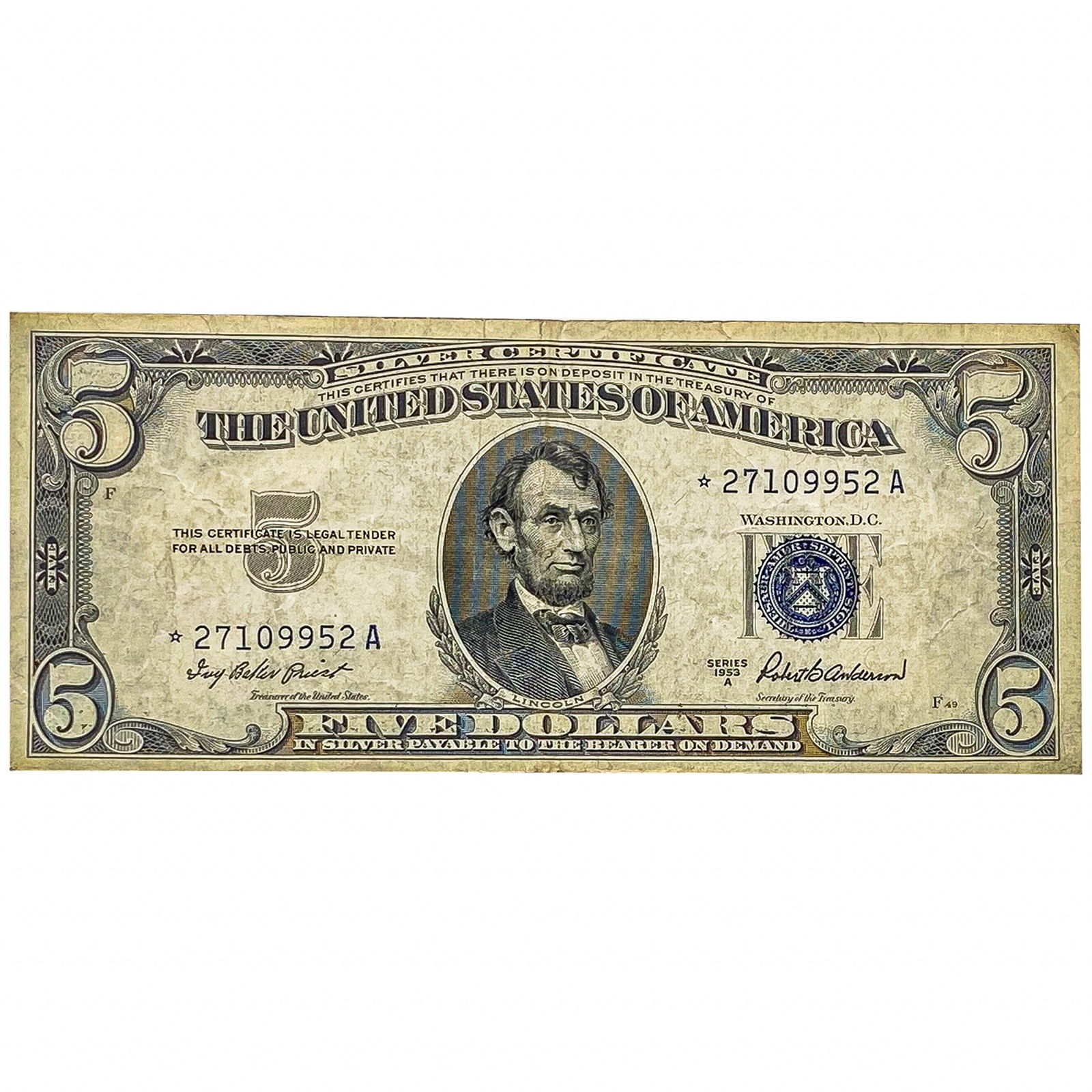 1953-A $5 Silver Certificate Star Note VF20 (1 of 2)
