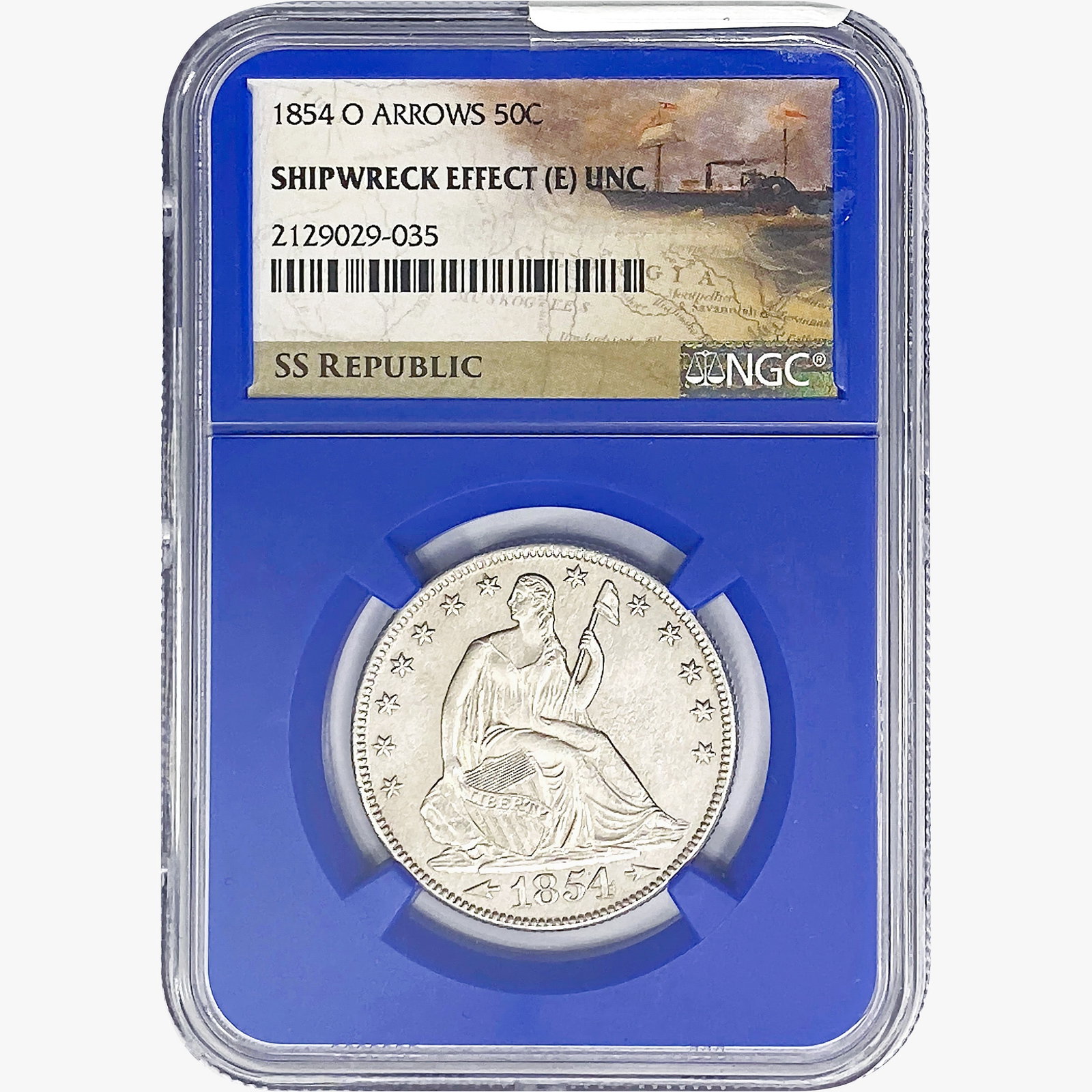 1854-O ARWS SL. 50C Ship. Effect W/ Book Set NGC UNC: 1854-O ARWS SL. 50C Ship. Effect W/ Book Set NGC UNC