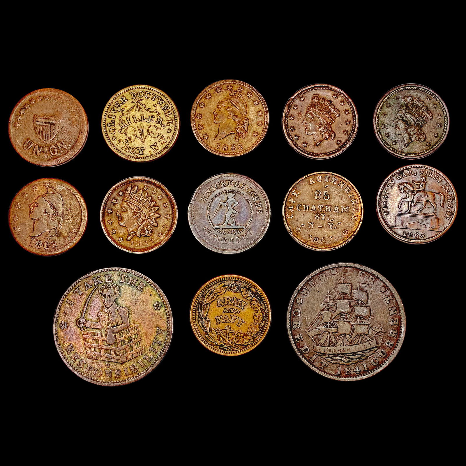 [13] 1841-1864 Assorted Hard Times and Civil War Tokens HIGH GRADE (1 of 2)