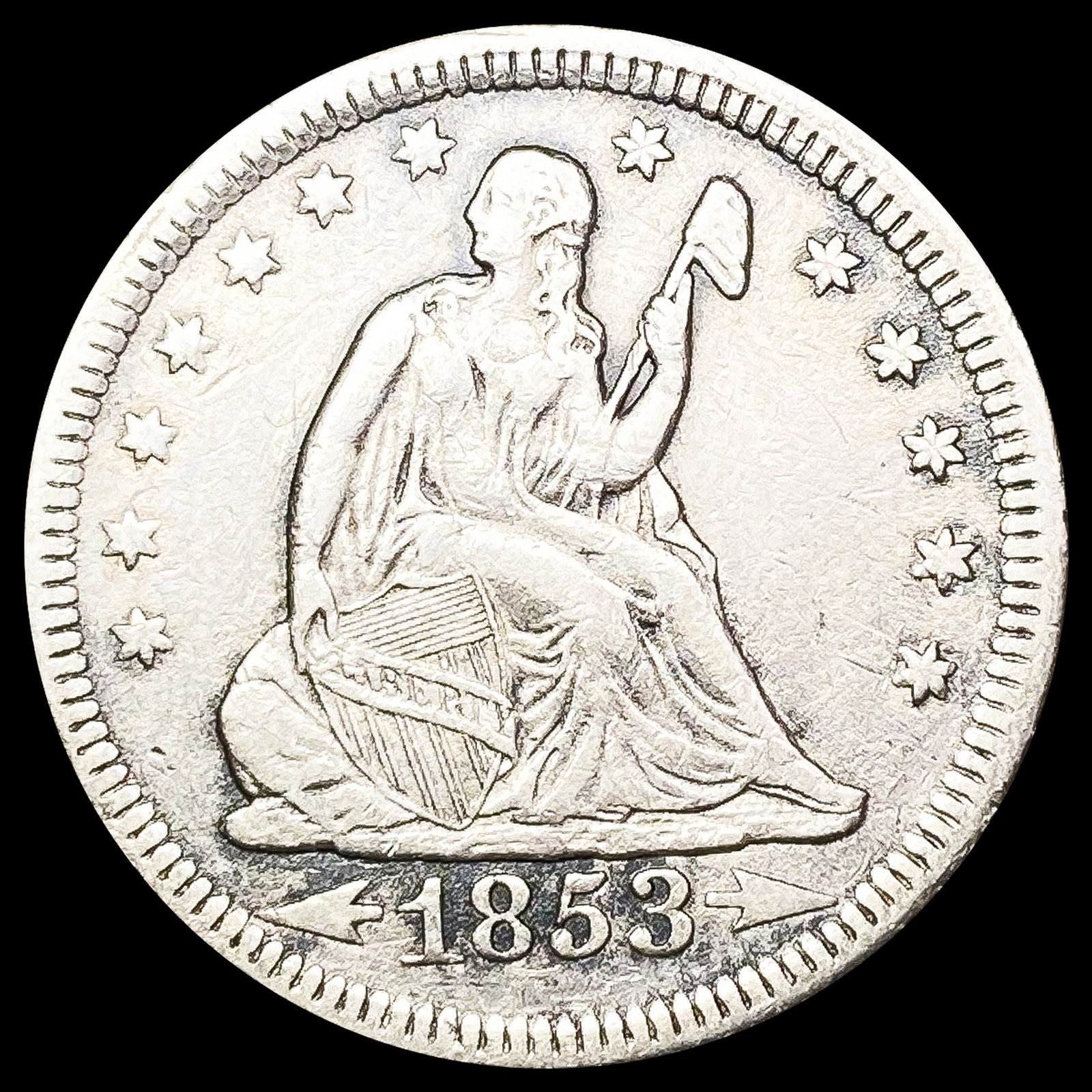 1853 Arws & Rays Seated Liberty Quarter NEARLY UNCIRCULATED: 1853 Arws & Rays Seated Liberty Quarter NEARLY UNCIRCULATED