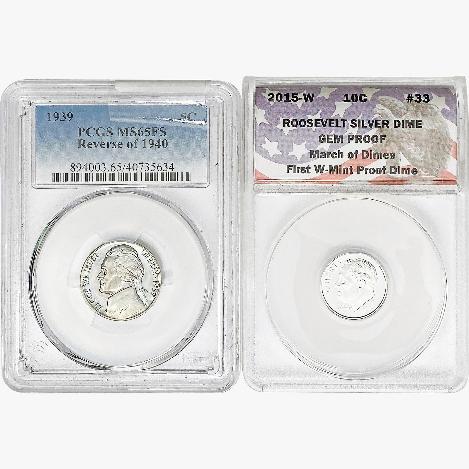 [2] 1939&2015-W Roosevelt 10C, Jeff. 5C ANACS/PCGS: [2] 1939&2015-W Roosevelt 10C, Jeff. 5C ANACS/PCGS