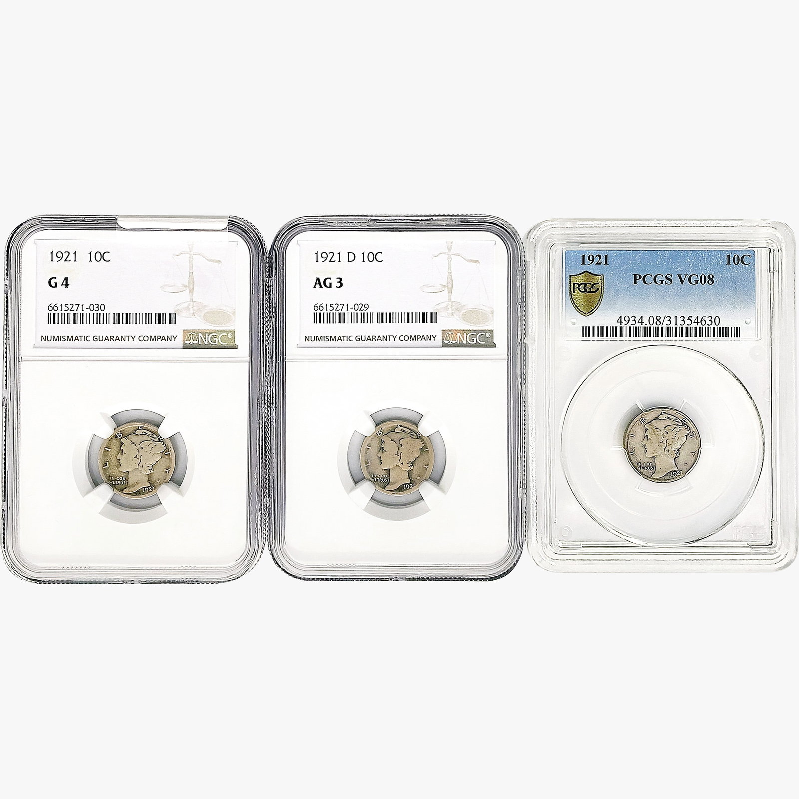 [3]1921 Mercury Silver Dime NGC/PCGS G/AG/VG4-8 (1 of 2)