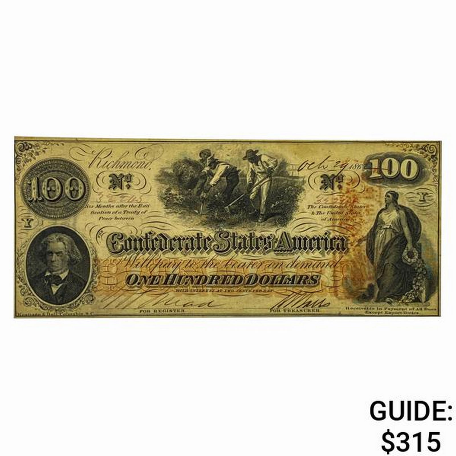 1862 $100 Confederate States of America Note (1 of 2)