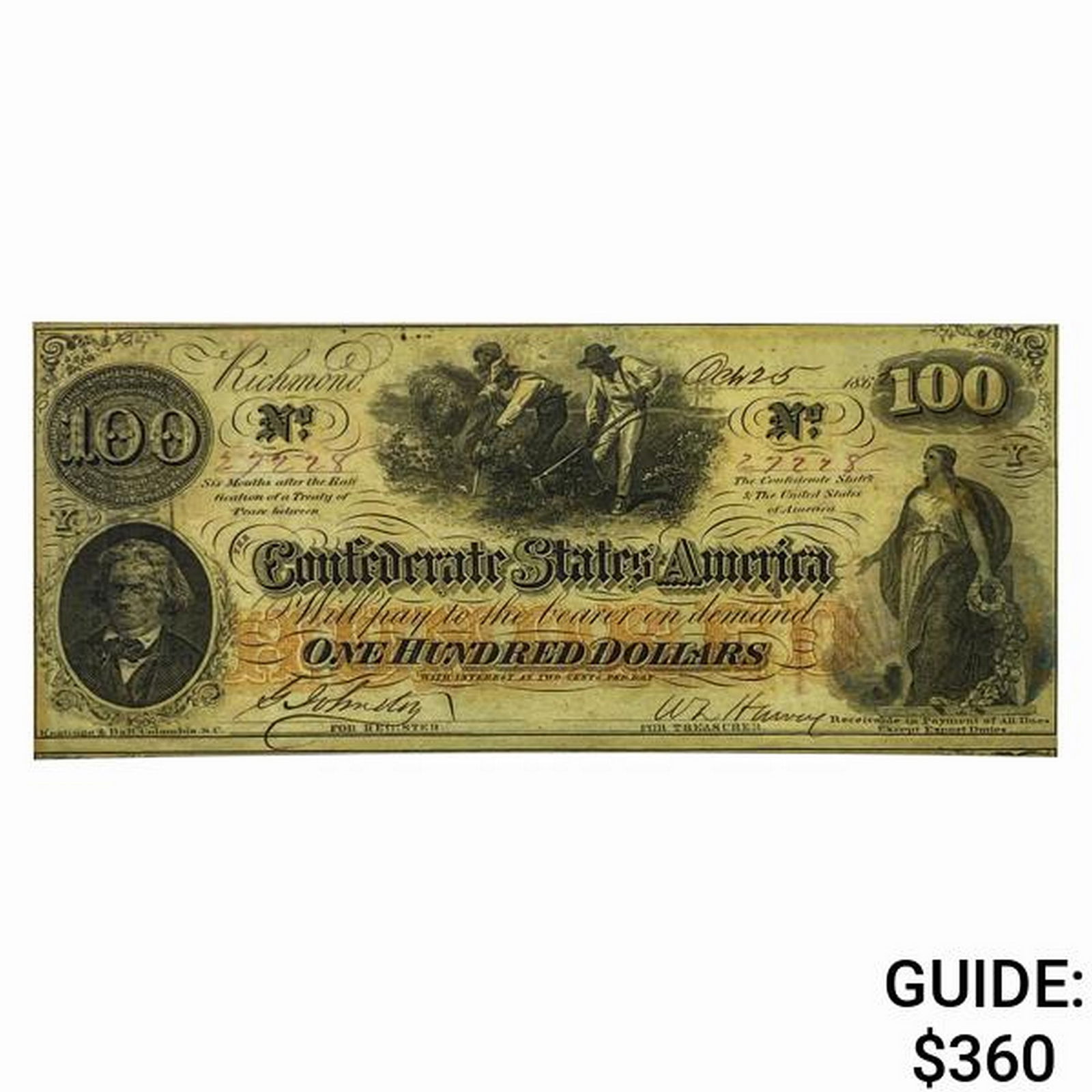 1862 $100 Confederate States of America Note (1 of 2)