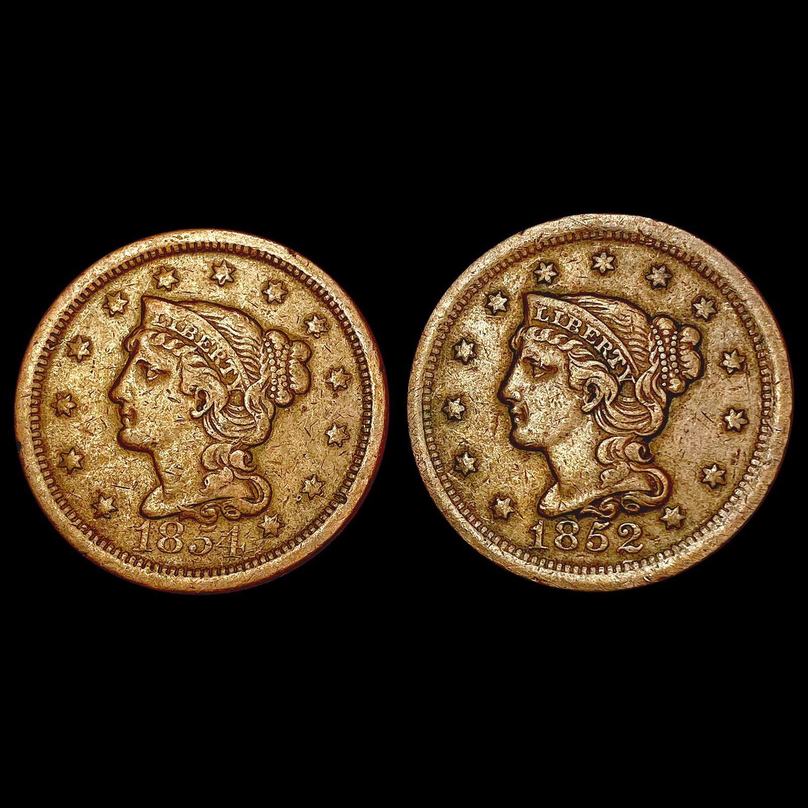 [2] 1852&1854 Braided Hair Large Cent HIGH GRADE: [2] 1852&1854 Braided Hair Large Cent HIGH GRADE