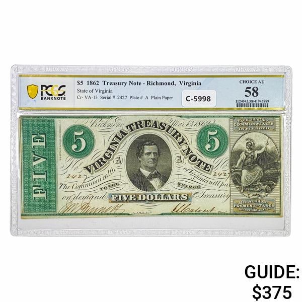 1862 $5 VIRGINIA TREASURY NOTE RICHMOND, VA OBSOLETE NOTE PCGS BANKNOTE ABOUT UNCIRCULATED-58 (1 of 2)