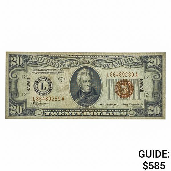 FR. 2305 1934-A $20 TWENTY DOLLARS HAWAII FRN FEDERAL RESERVE NOTE EXTREMELY FINE (1 of 2)