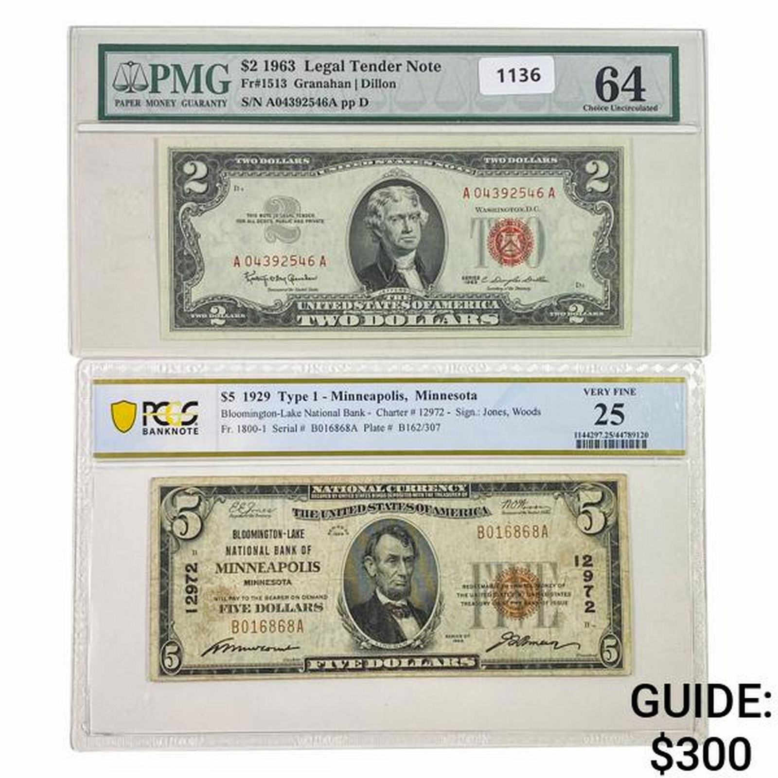 [2] 1929&1963 $2 & $5 Lot of U.S. Currency (1 of 2)