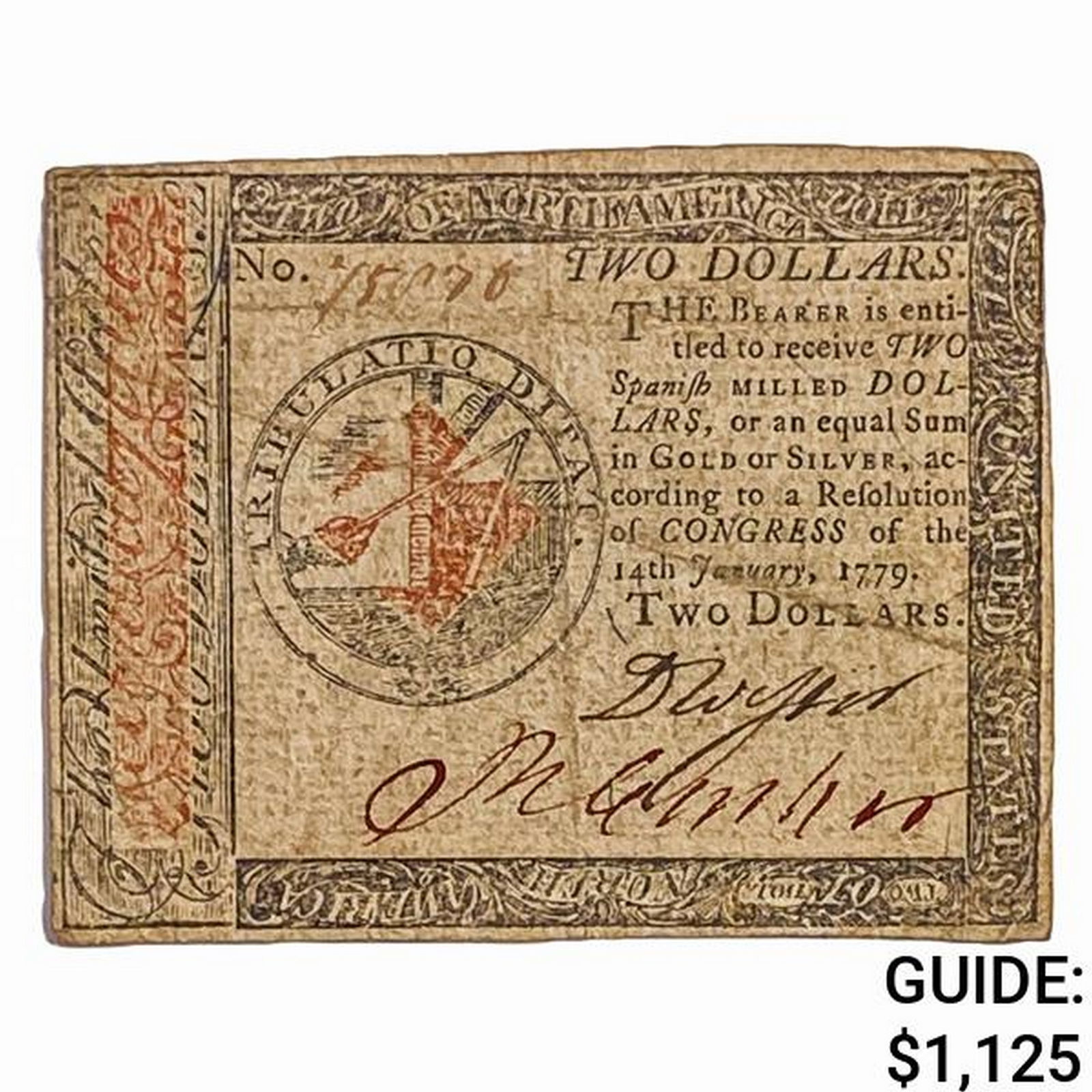 CC-88 JANUARY 14, 1779 $2 TWO DOLLARS CONTINENTAL CURRENCY NOTE (1 of 2)
