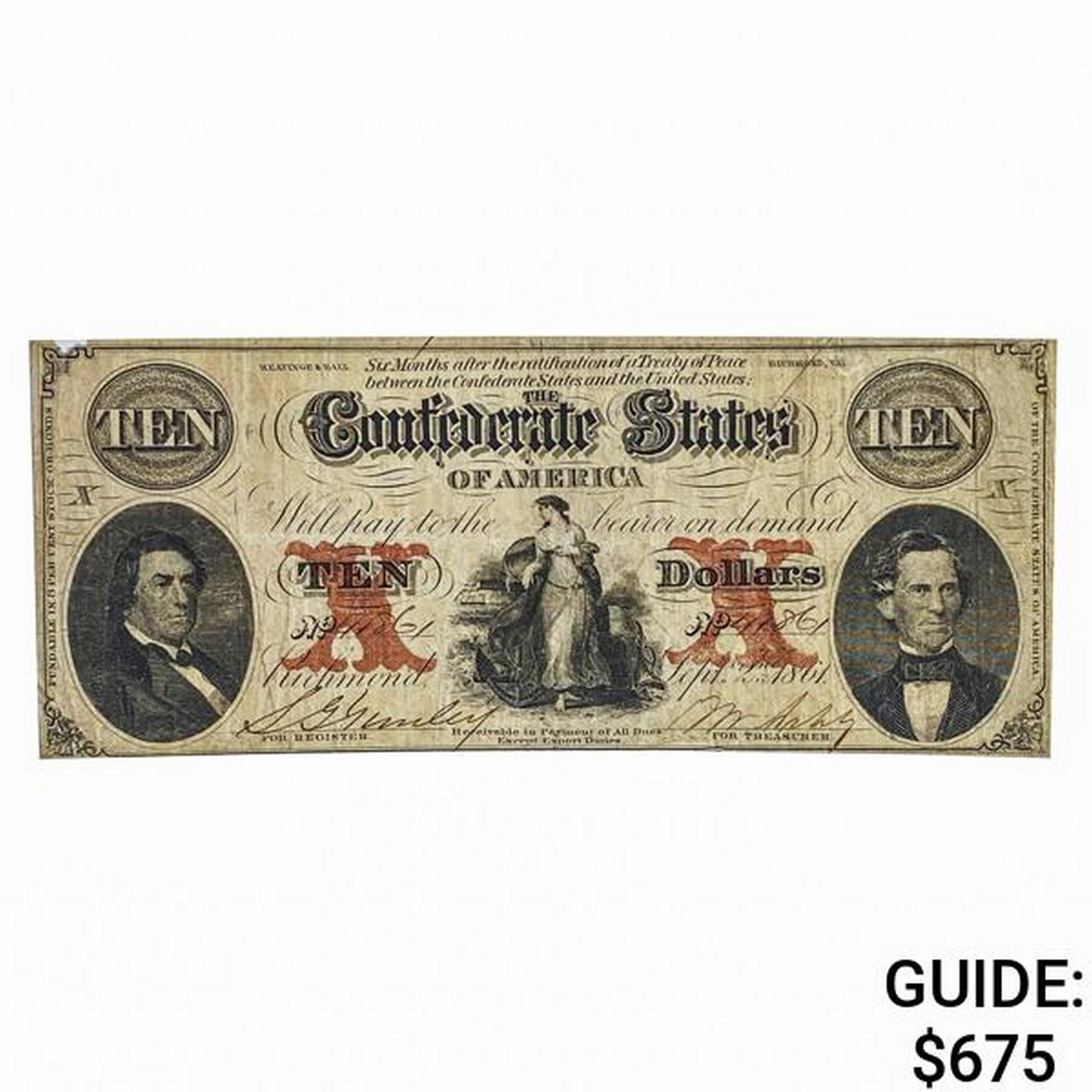 T-26 1861 $10 TEN DOLLARS CSA CONFEDERATE STATES OF AMERICA CURRENCY NOTE VERY FINE (1 of 2)
