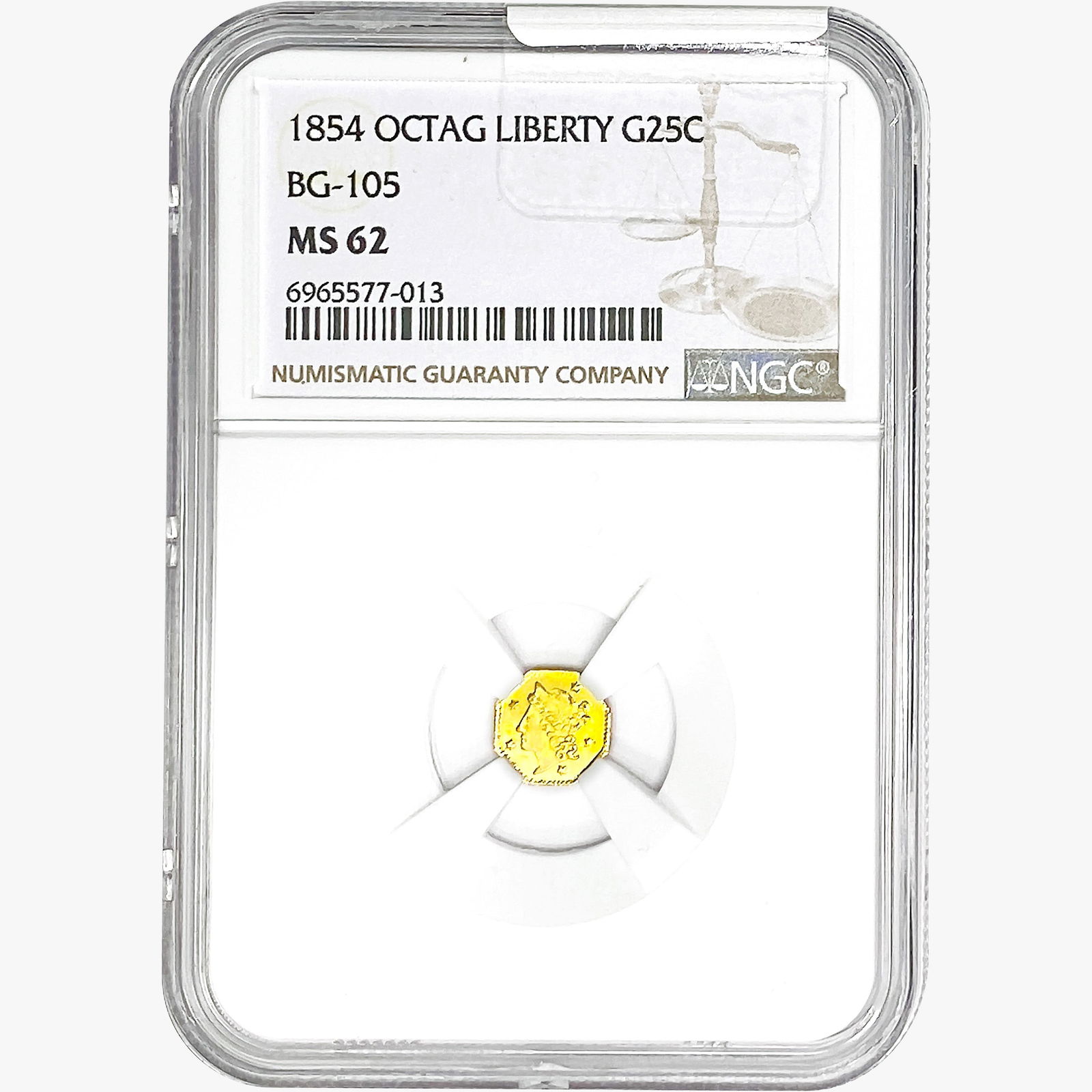 1854 Octagonal California Gold Quarter NGC MS62 BG-105: 1854 Octagonal California Gold Quarter NGC MS62 BG-105