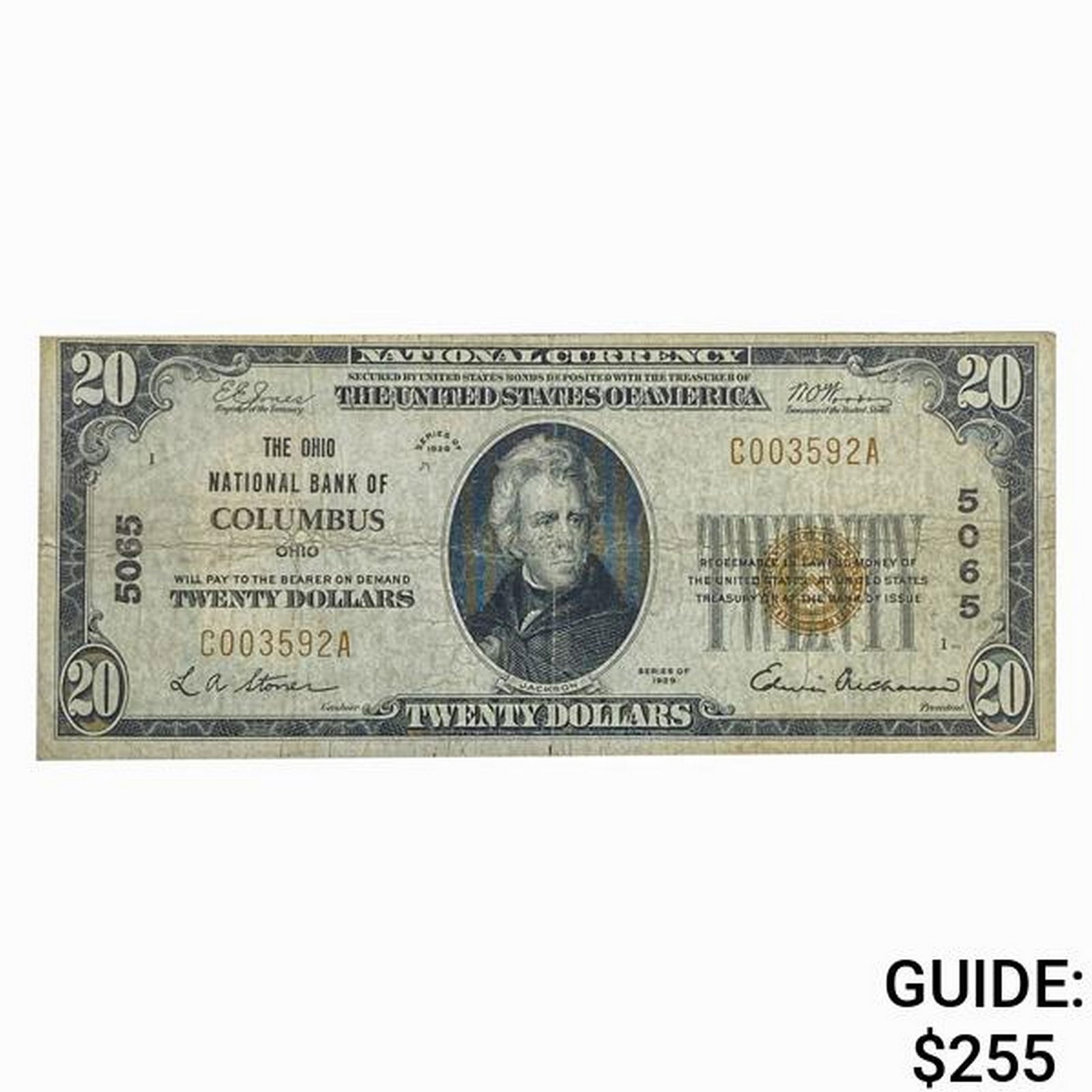 1929 $20 THE OHIO NATIONAL BANK OF COLUMBUS, OH NATIONAL CURRENCY CH. #5065 (1 of 2)