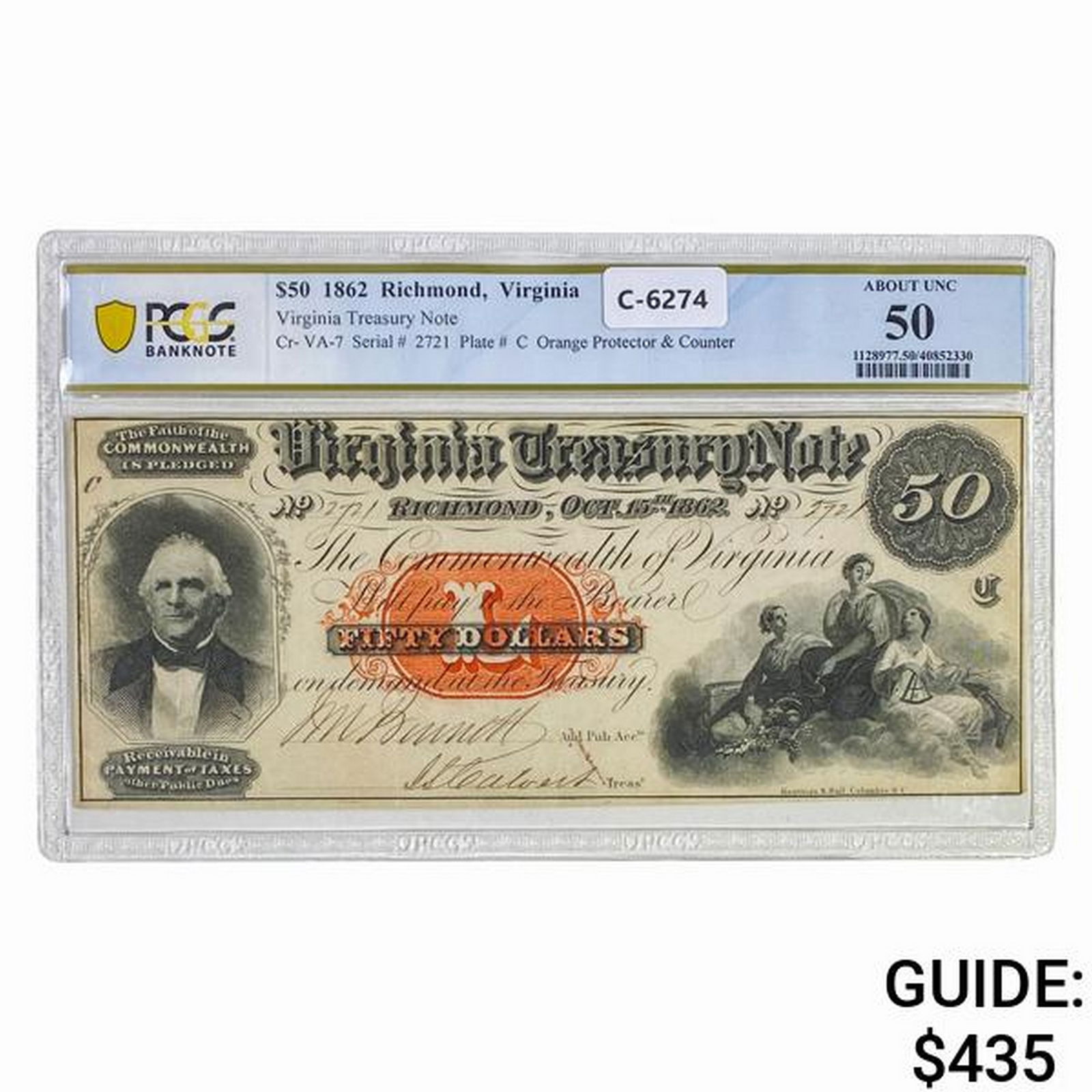 1862 $50 VIRGINIA TREASURY NOTE RICHMOND, VA OBSOLETE NOTE PCGS BANKNOTE ABOUT UNCIRCULATED-50 (1 of 2)