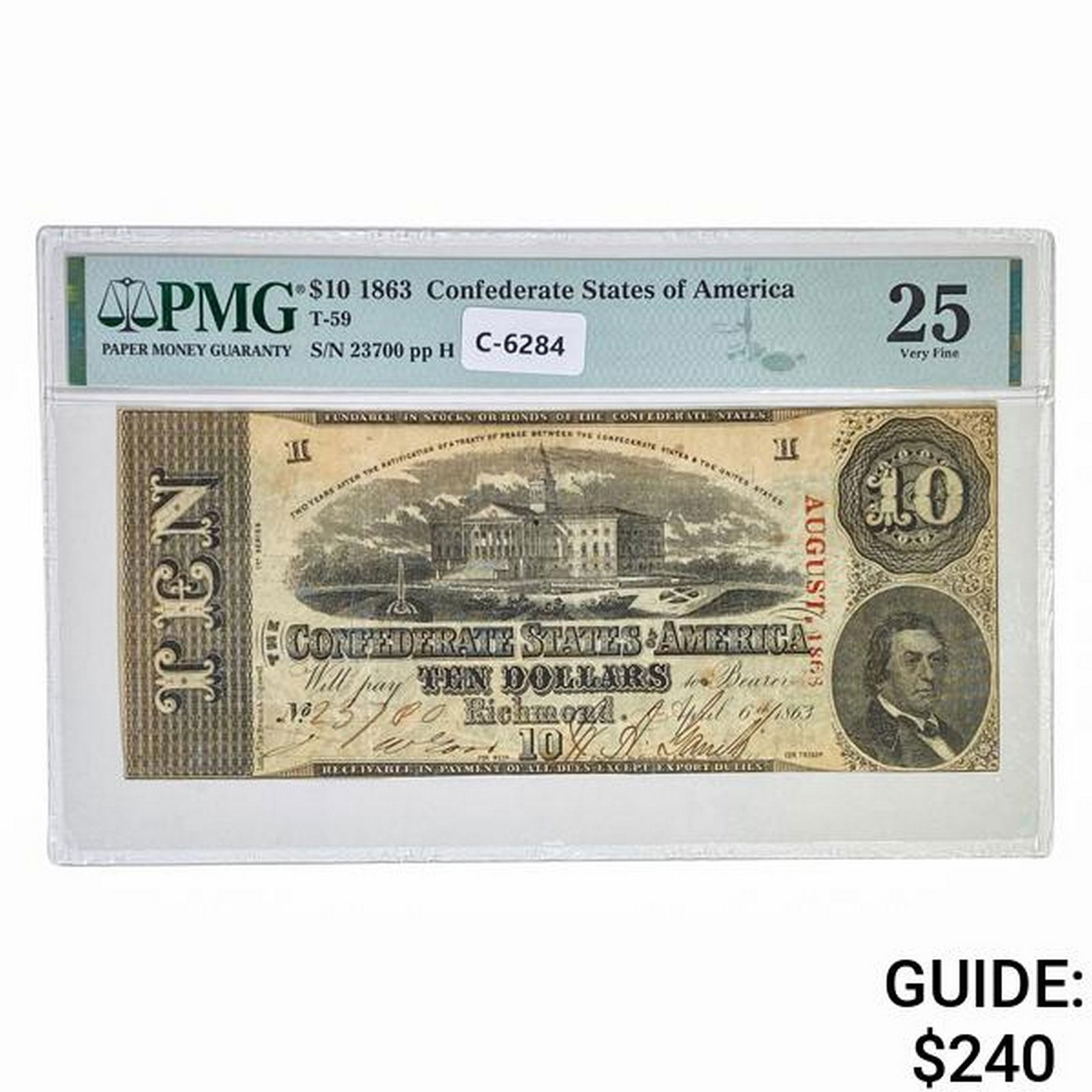 T-59 1863 $10 TEN DOLLARS CSA CONFEDERATE STATES OF AMERICA CURRENCY NOTE PMG VERY FINE-25 (1 of 2)